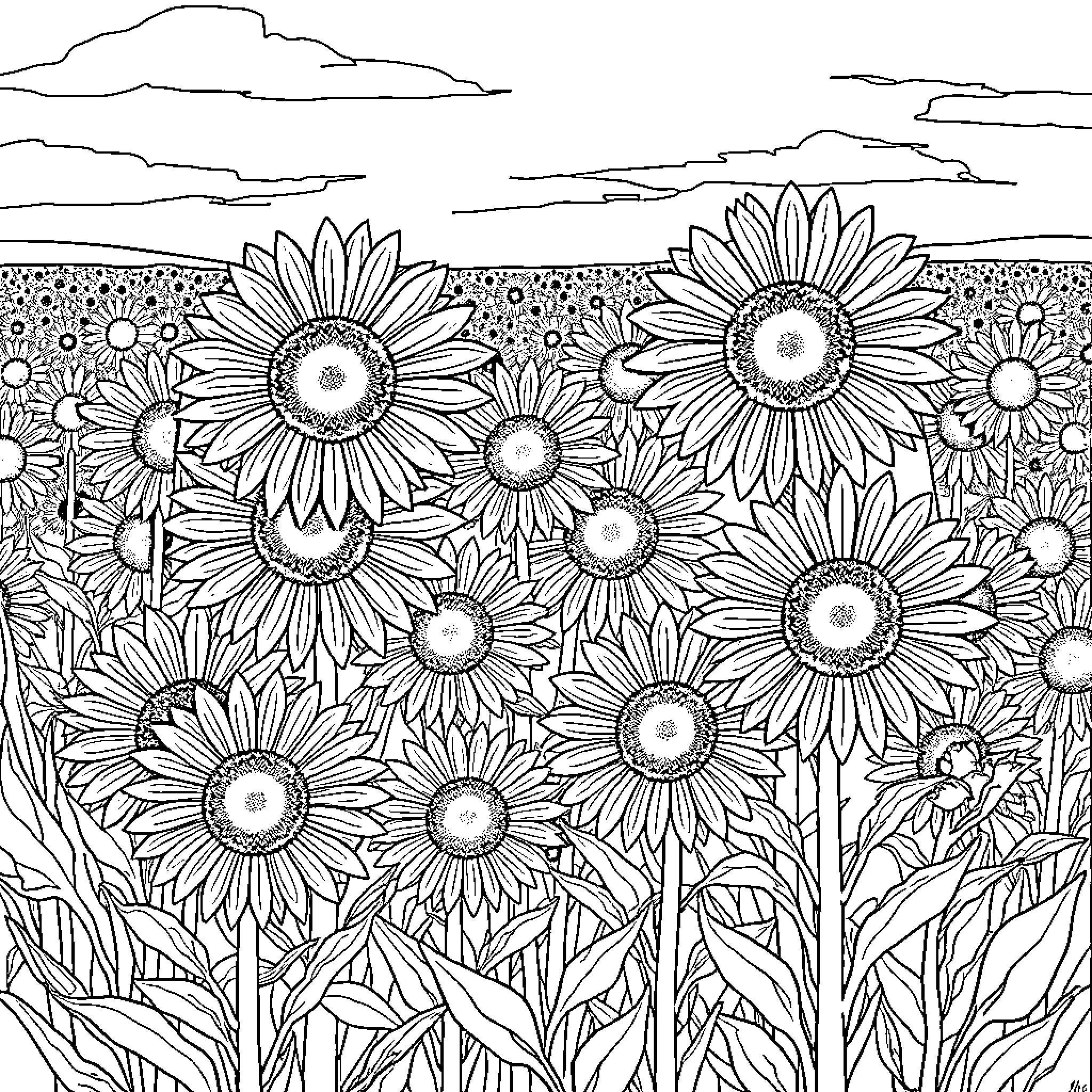 Sunflower field under a cloudy sky Coloring Page (free black-and-white line drawing printable PDF for all, from beginners to advanced learners, including children, teens, adults, and seniors)