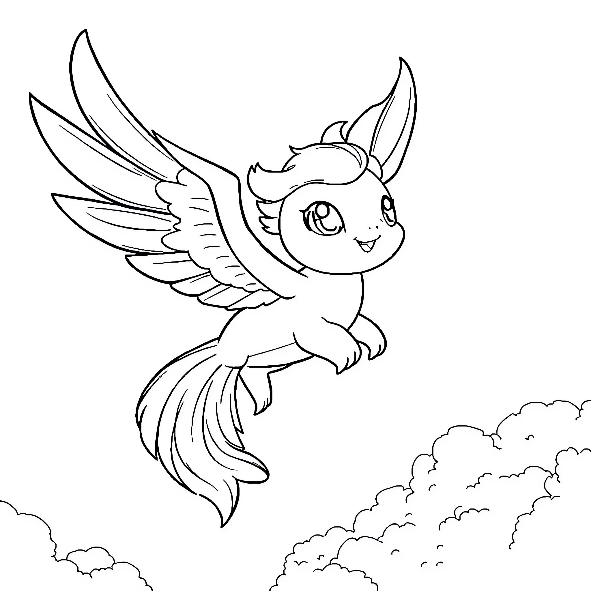 Light Fury flying gracefully in the clouds Coloring Page (free black-and-white line drawing printable PDF for all, from beginners to advanced learners, including children, teens, adults, and seniors)