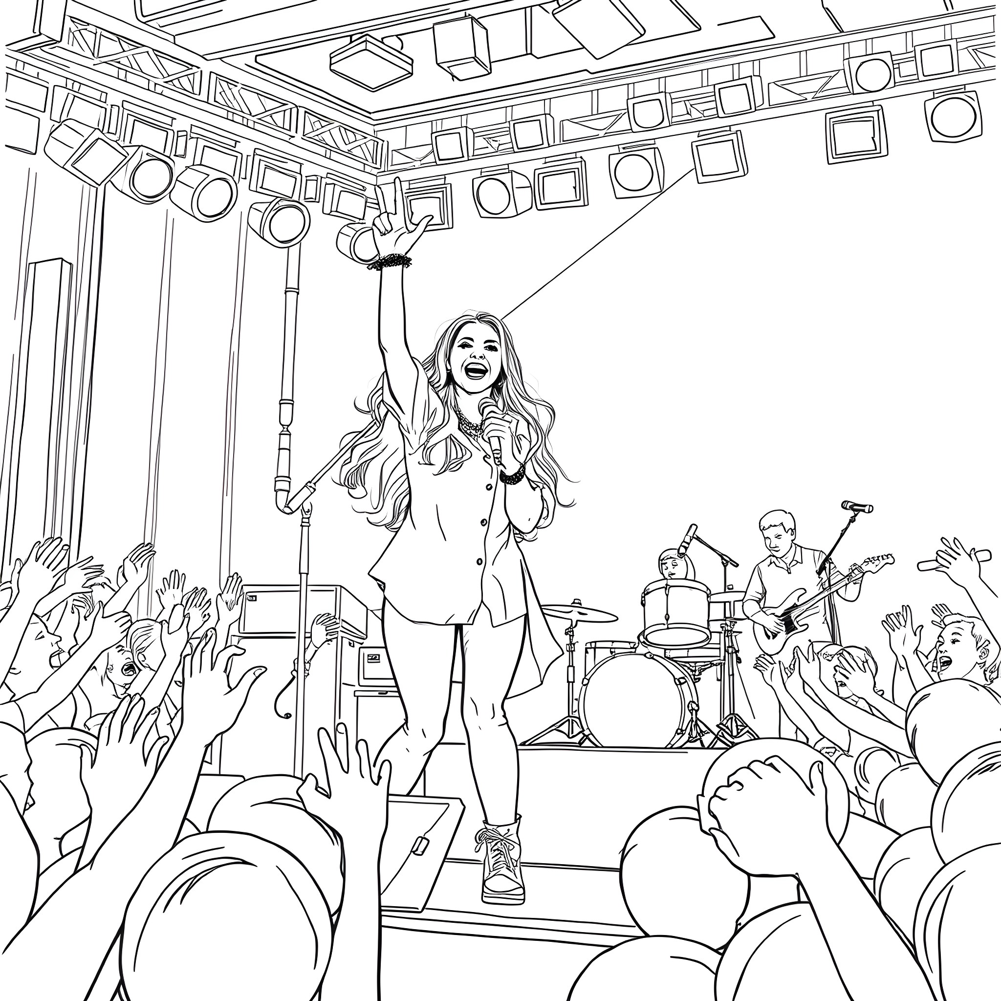 Sabrina Carpenter performing on stage with fans Coloring Page (free black-and-white line drawing printable PDF for all, from beginners to advanced learners, including children, teens, adults, and seniors)