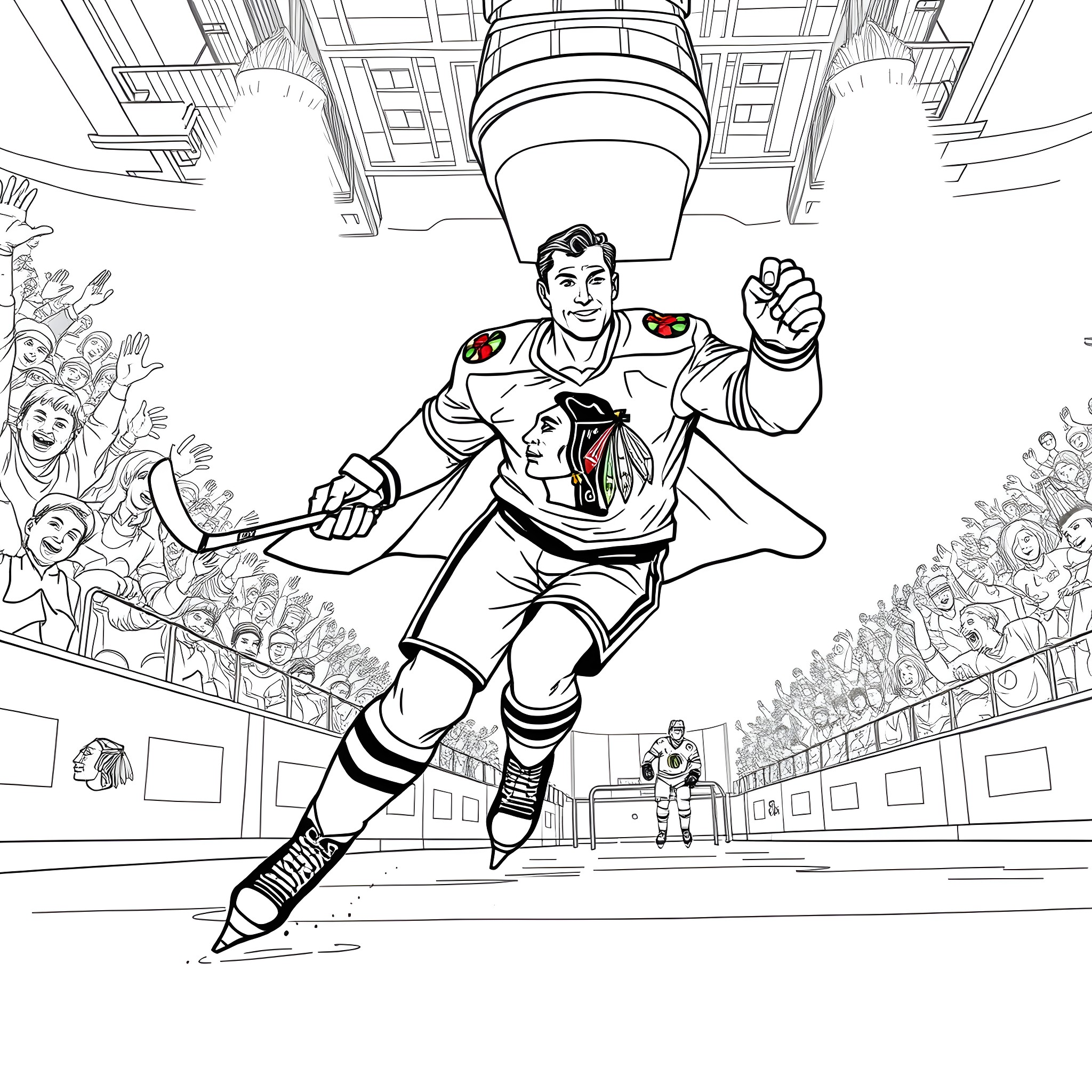 Superman heroically skating on ice rink surrounded by fans Coloring Page (free black-and-white line drawing printable PDF for all, from beginners to advanced learners, including children, teens, adults, and seniors)
