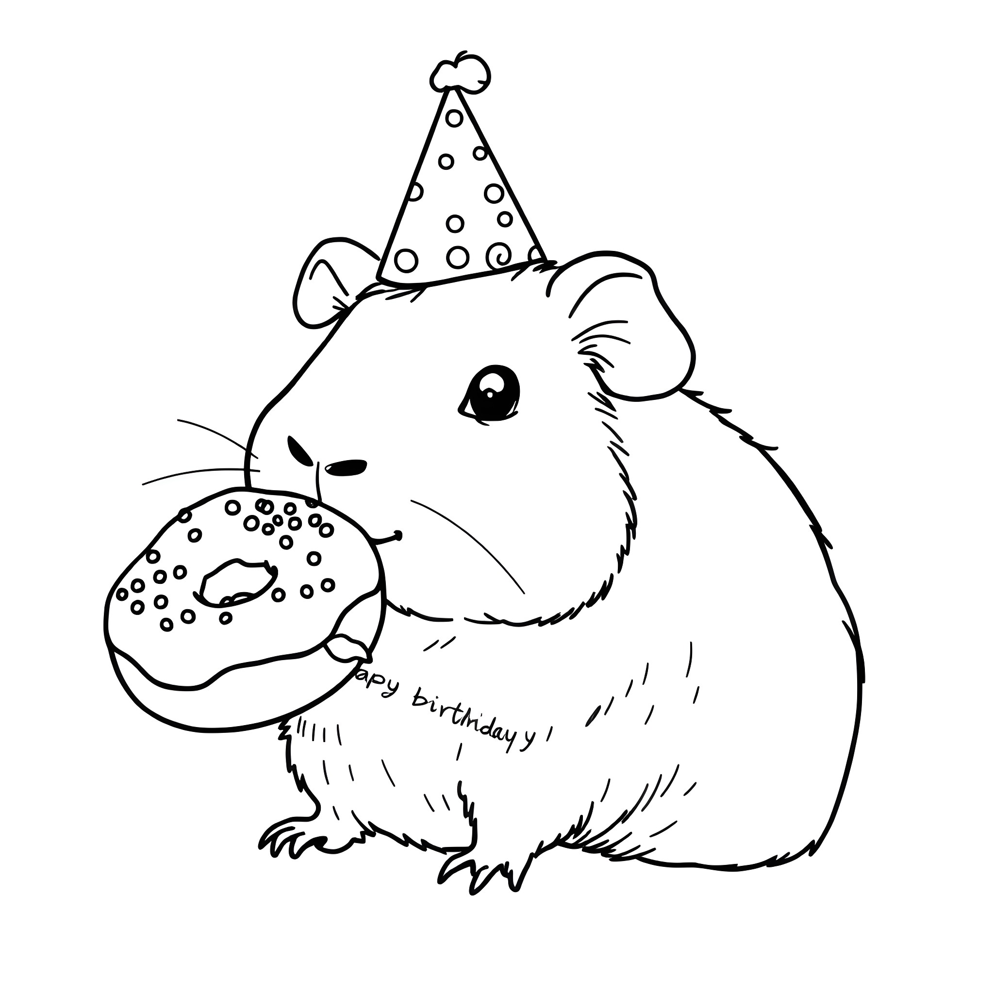 Guinea Pig celebrating birthday with party hat Coloring Page (free black-and-white line drawing printable PDF for all, from beginners to advanced learners, including children, teens, adults, and seniors)