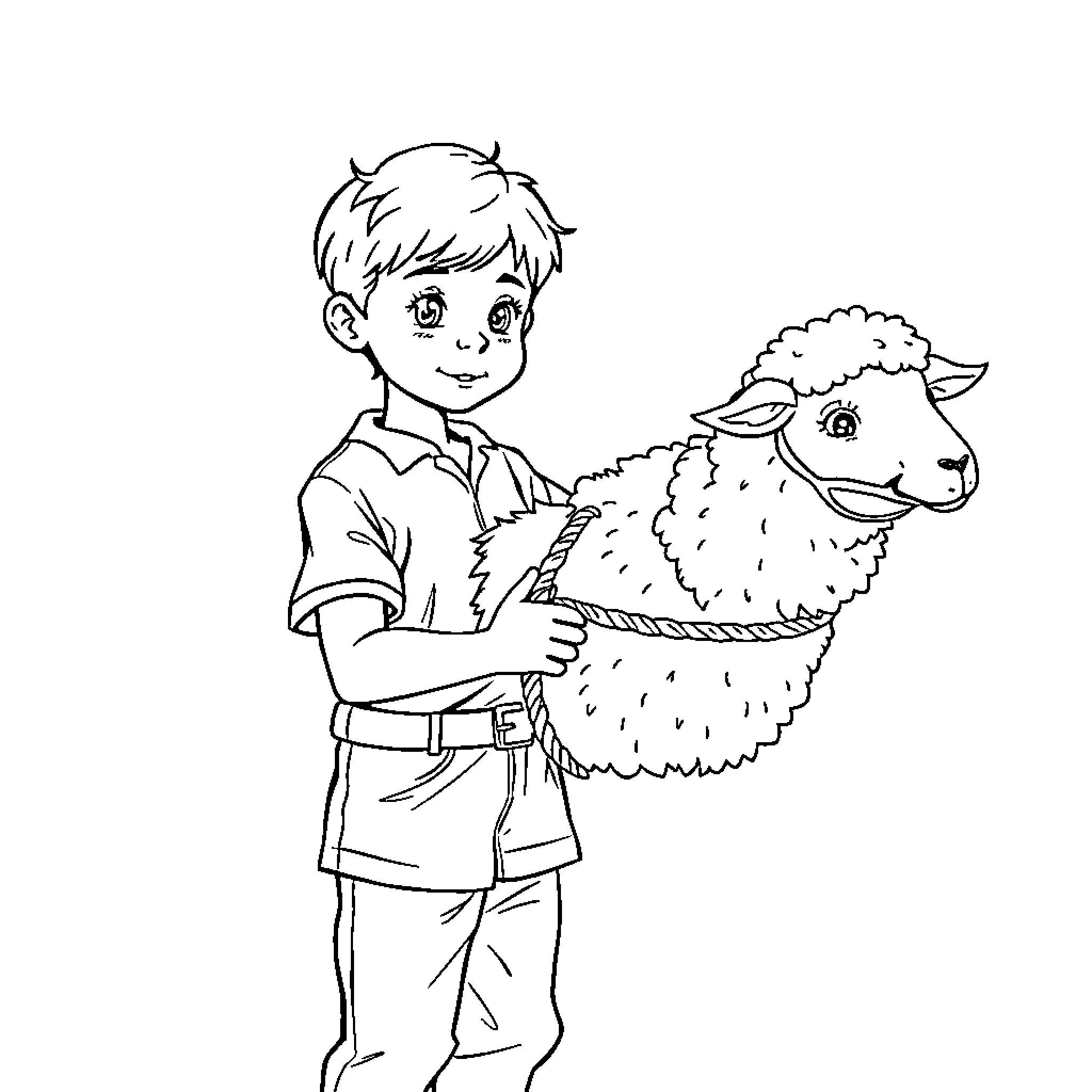 Boy cuddling friendly sheep in pastoral scene Coloring Page (free black-and-white line drawing printable PDF for all, from beginners to advanced learners, including children, teens, adults, and seniors)