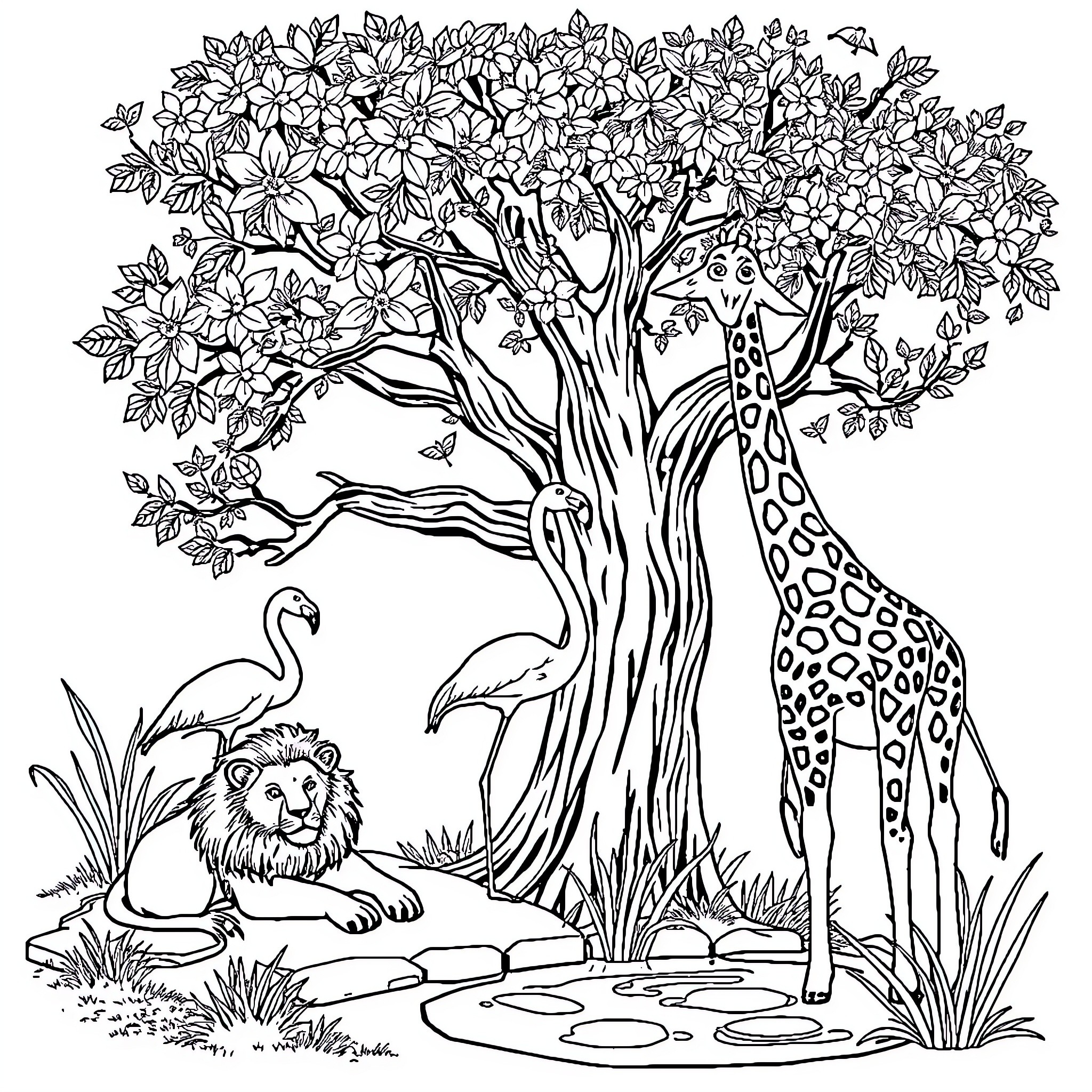 Animal floral tree with wildlife in the forest Coloring Page (free black-and-white line drawing printable PDF for all, from beginners to advanced learners, including children, teens, adults, and seniors)