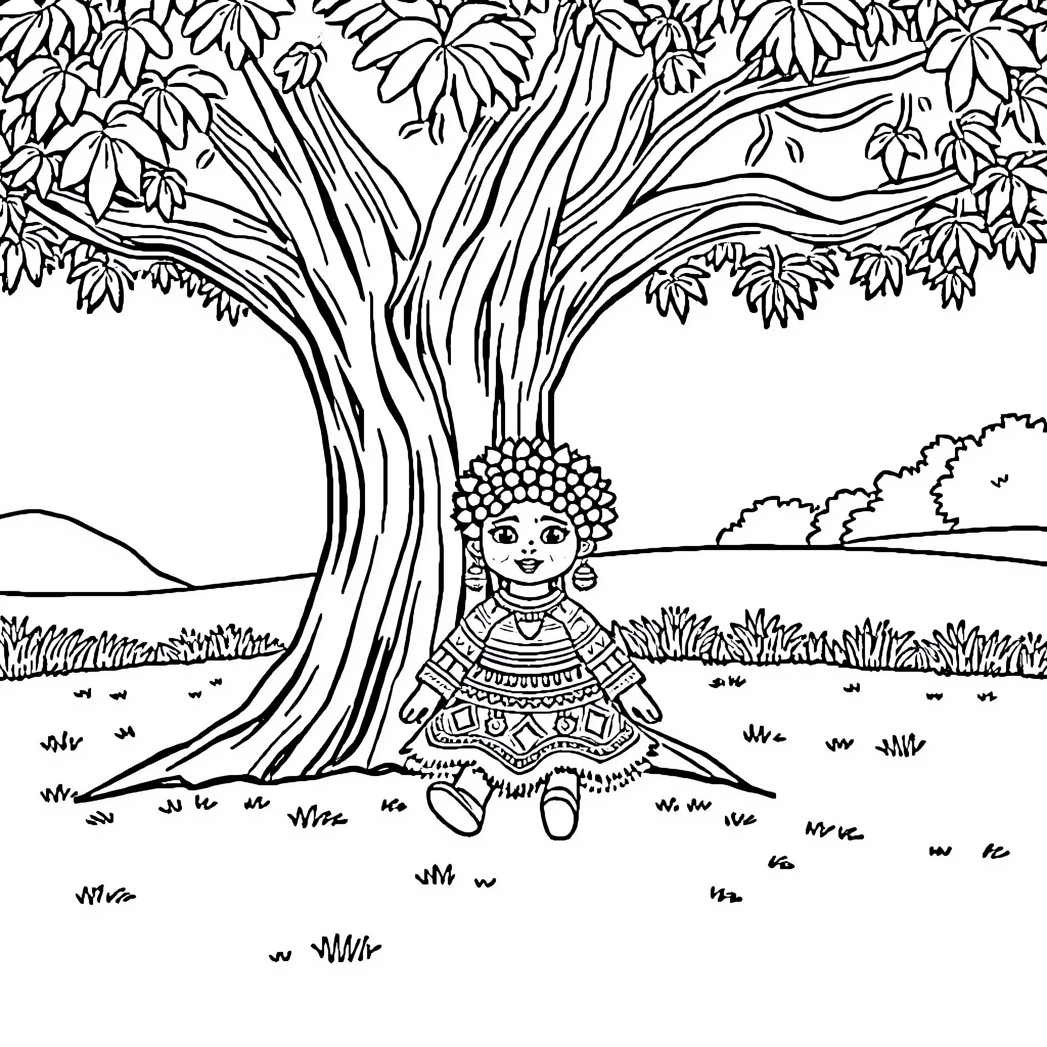Buba Doll enjoying the nature scene Coloring Page (free black-and-white line drawing printable PDF for all, from beginners to advanced learners, including children, teens, adults, and seniors)