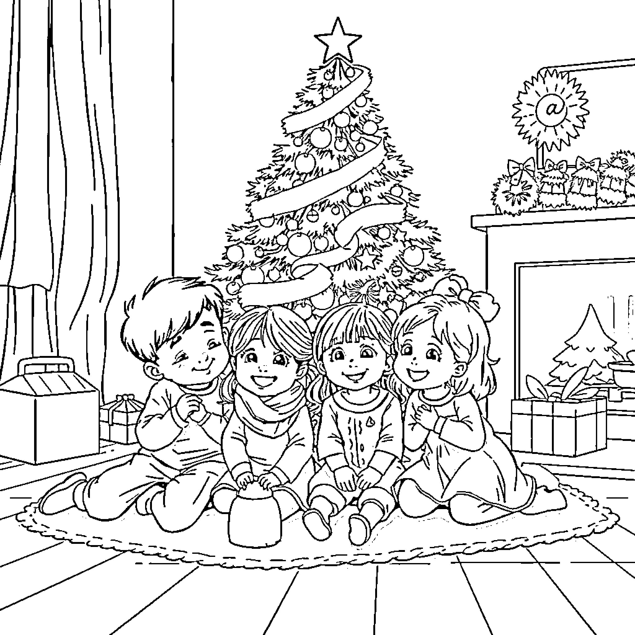 Children Celebrating Christmas Eve Together Coloring Page (free black-and-white line drawing printable PDF for all, from beginners to advanced learners, including children, teens, adults, and seniors)