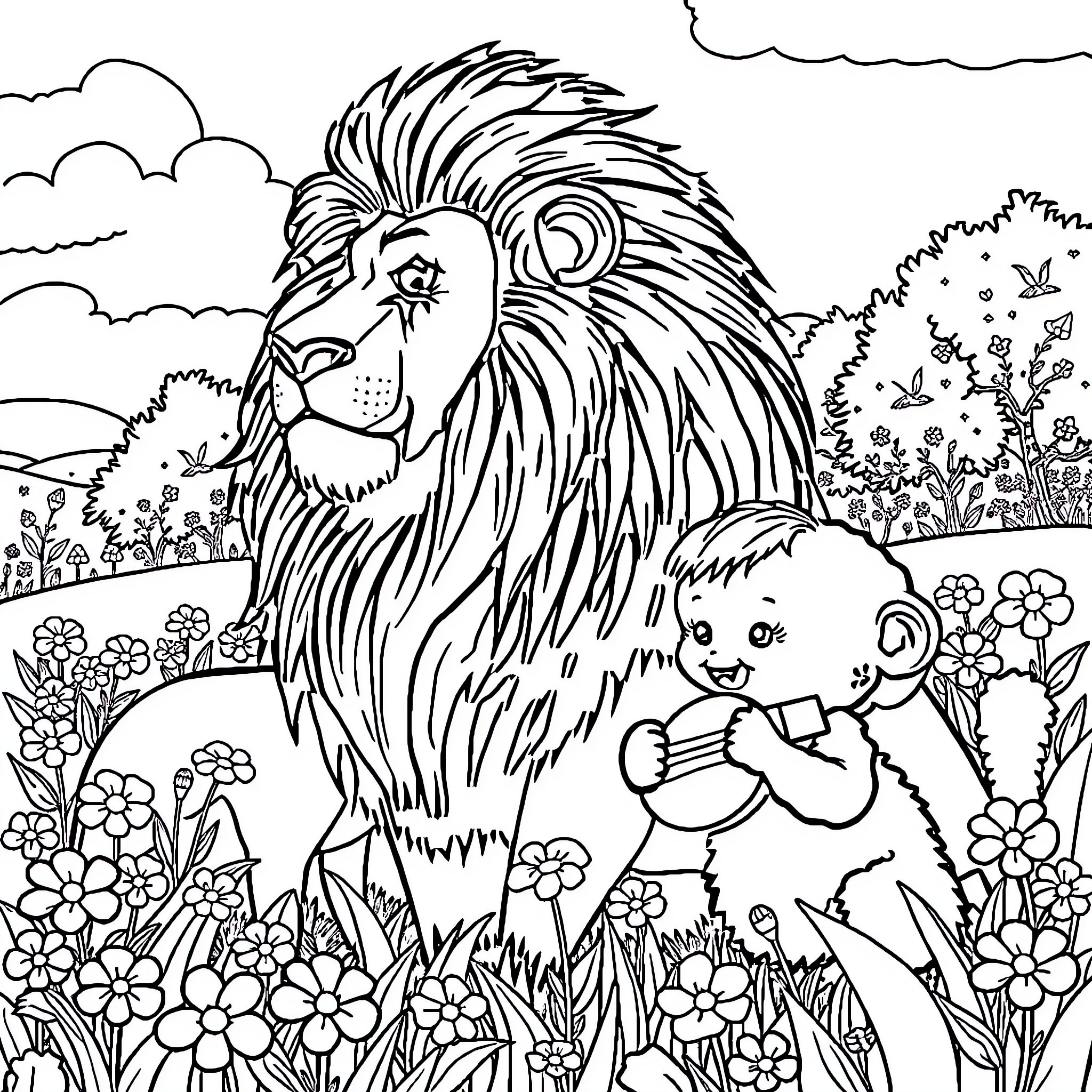 Lion Lounging Amidst Vibrant Floral Scenery Coloring Page (free black-and-white line drawing printable PDF for all, from beginners to advanced learners, including children, teens, adults, and seniors)