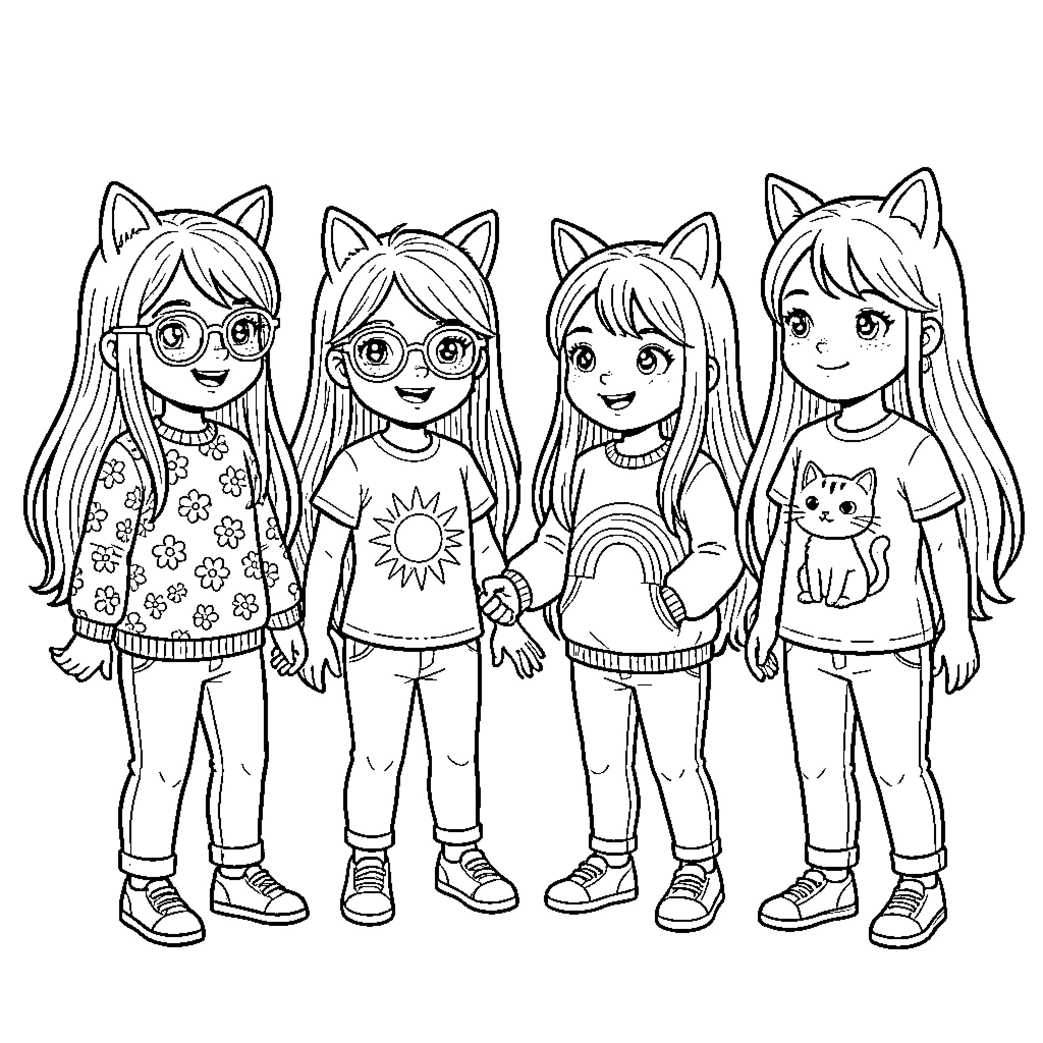 Fille friends exploring the world together Coloring Page (free black-and-white line drawing printable PDF for all, from beginners to advanced learners, including children, teens, adults, and seniors)