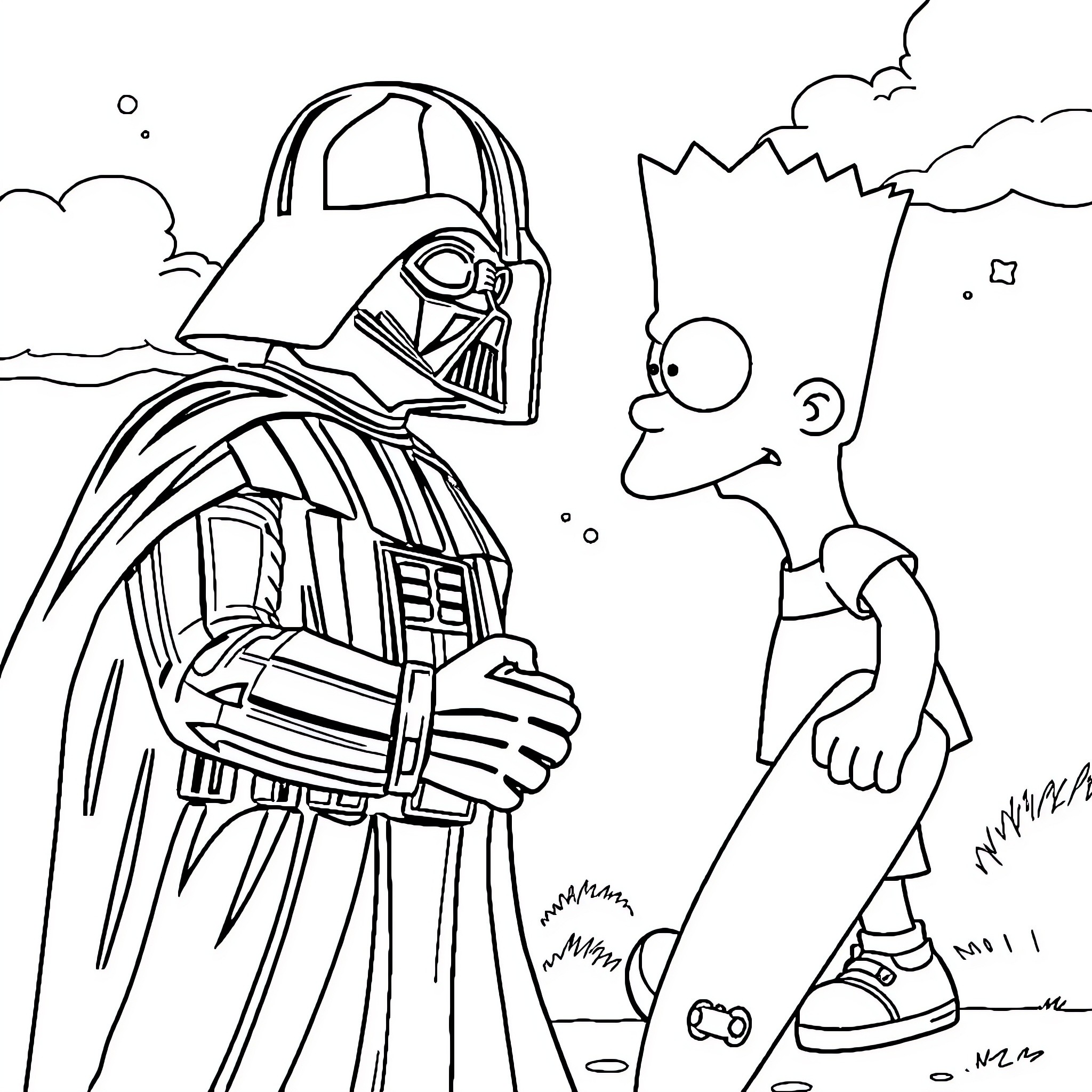 Darth Vader confronting Bart Simpson in a surreal scene Coloring Page (free black-and-white line drawing printable PDF for all, from beginners to advanced learners, including children, teens, adults, and seniors)