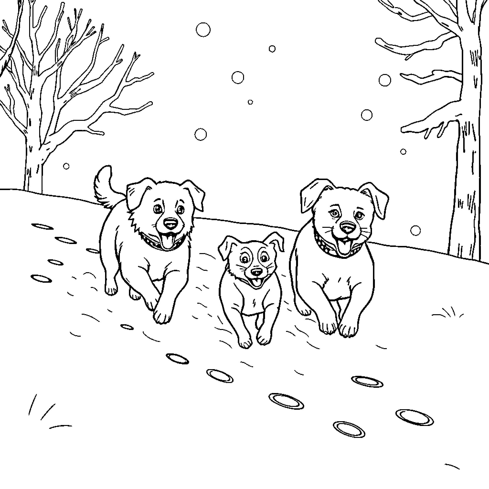 Dog companions running happily in the snow Coloring Page (free black-and-white line drawing printable PDF for all, from beginners to advanced learners, including children, teens, adults, and seniors)