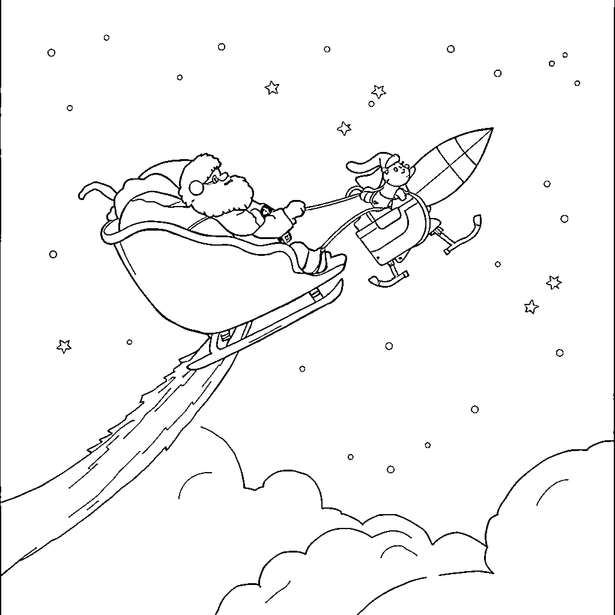 Sleigh riding merrily in the starry night Coloring Page (free black-and-white line drawing printable PDF for all, from beginners to advanced learners, including children, teens, adults, and seniors)