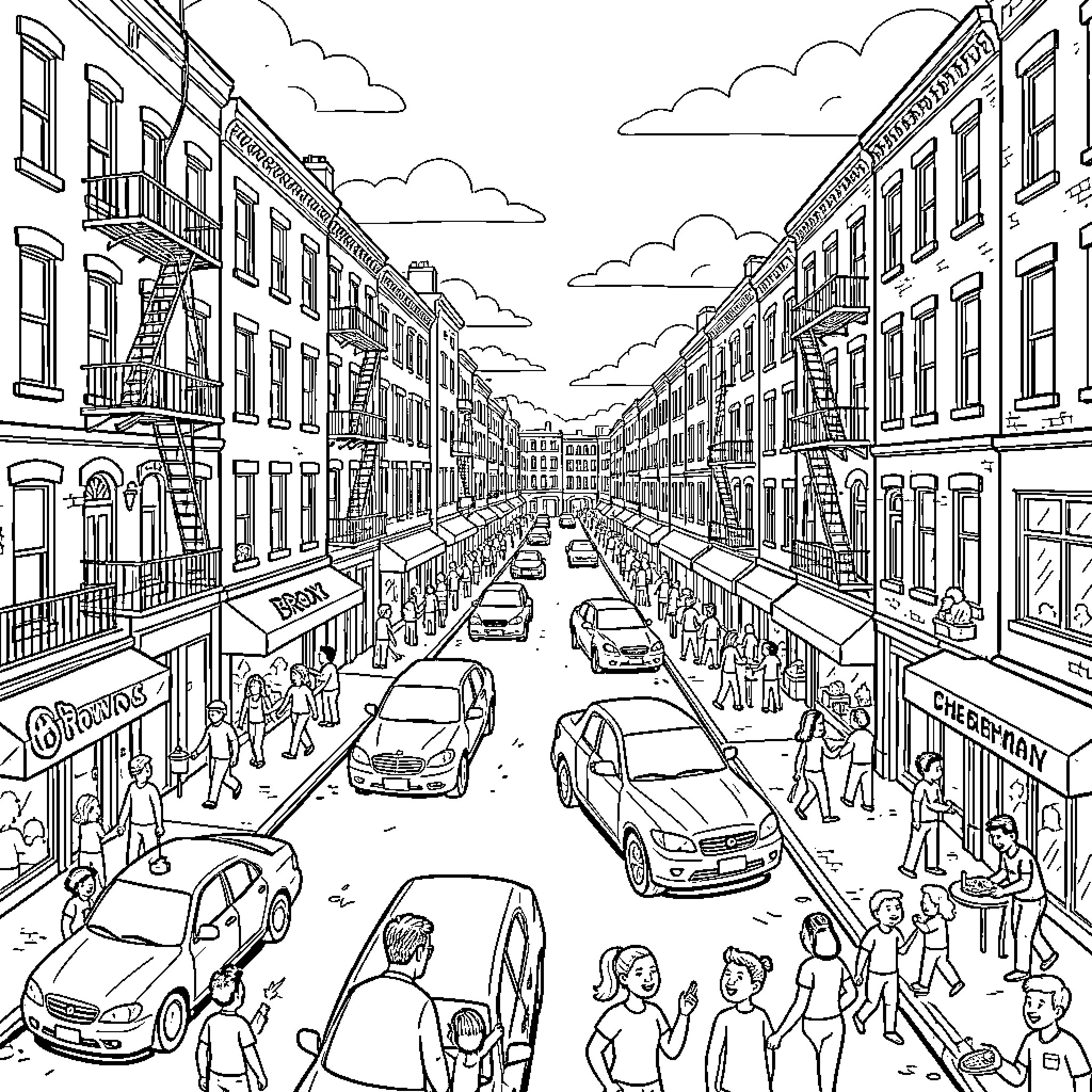 Neighborhood Street Scene with Diverse Activities Coloring Page (free black-and-white line drawing printable PDF for all, from beginners to advanced learners, including children, teens, adults, and seniors)