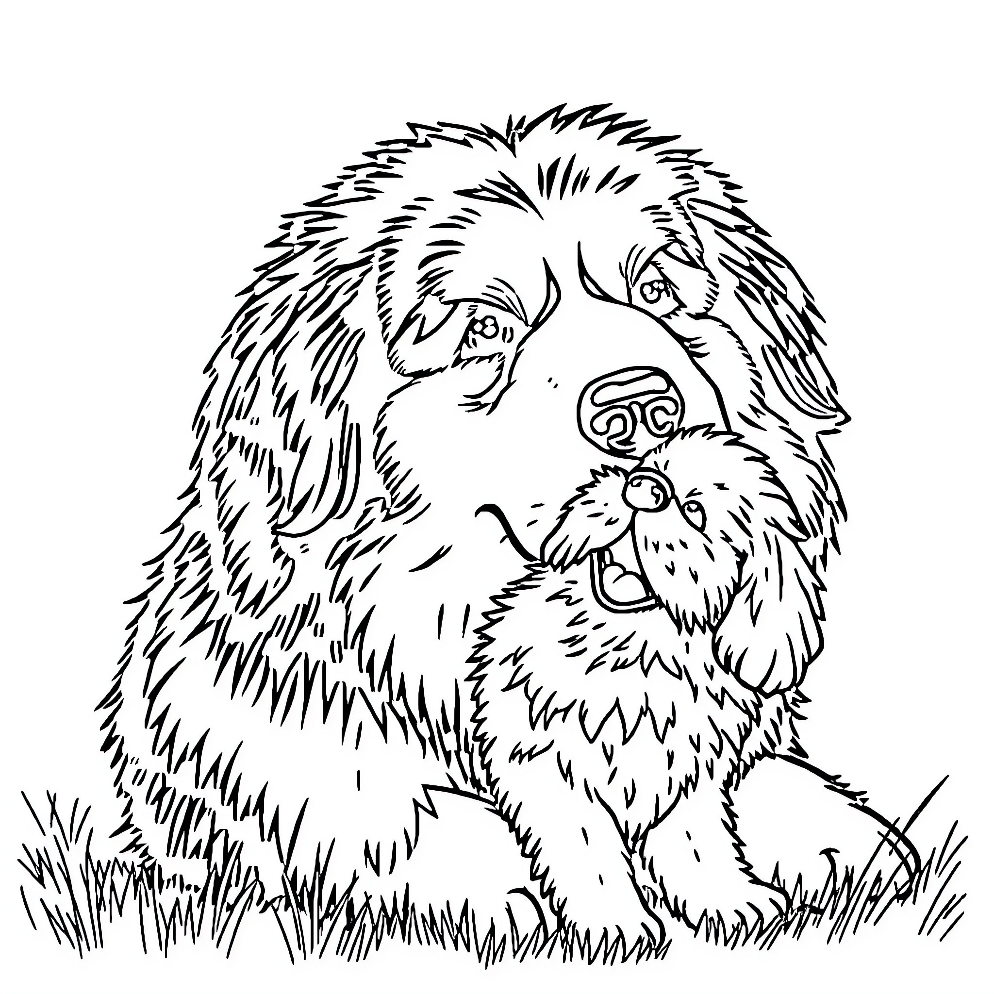 Dog relaxing in grassy field Coloring Page (free black-and-white line drawing printable PDF for all, from beginners to advanced learners, including children, teens, adults, and seniors)