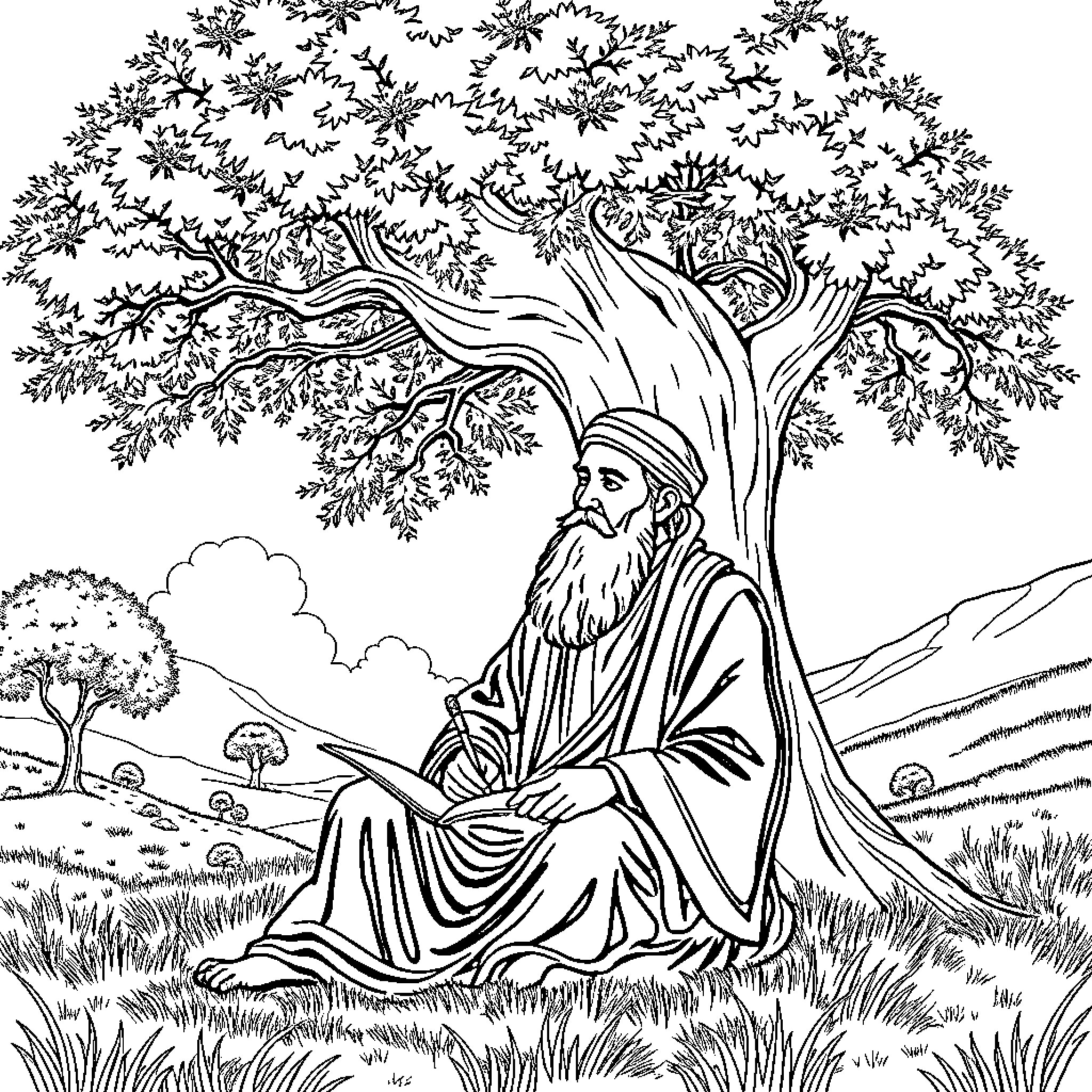 Rumi Meditating Under the Majestic Tree Coloring Page (free black-and-white line drawing printable PDF for all, from beginners to advanced learners, including children, teens, adults, and seniors)