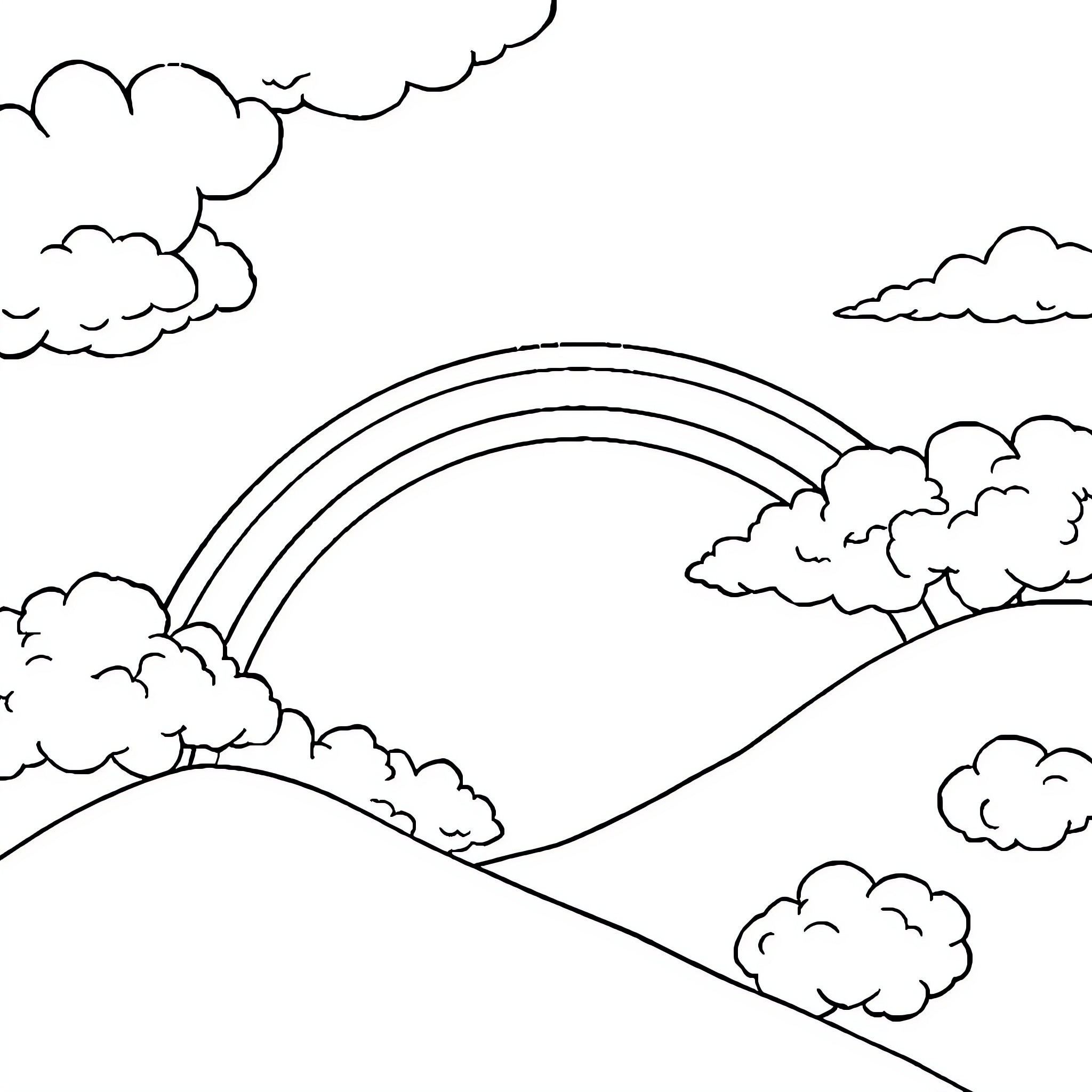 Rainbow arch across cloudy skies Coloring Page (free black-and-white line drawing printable PDF for all, from beginners to advanced learners, including children, teens, adults, and seniors)