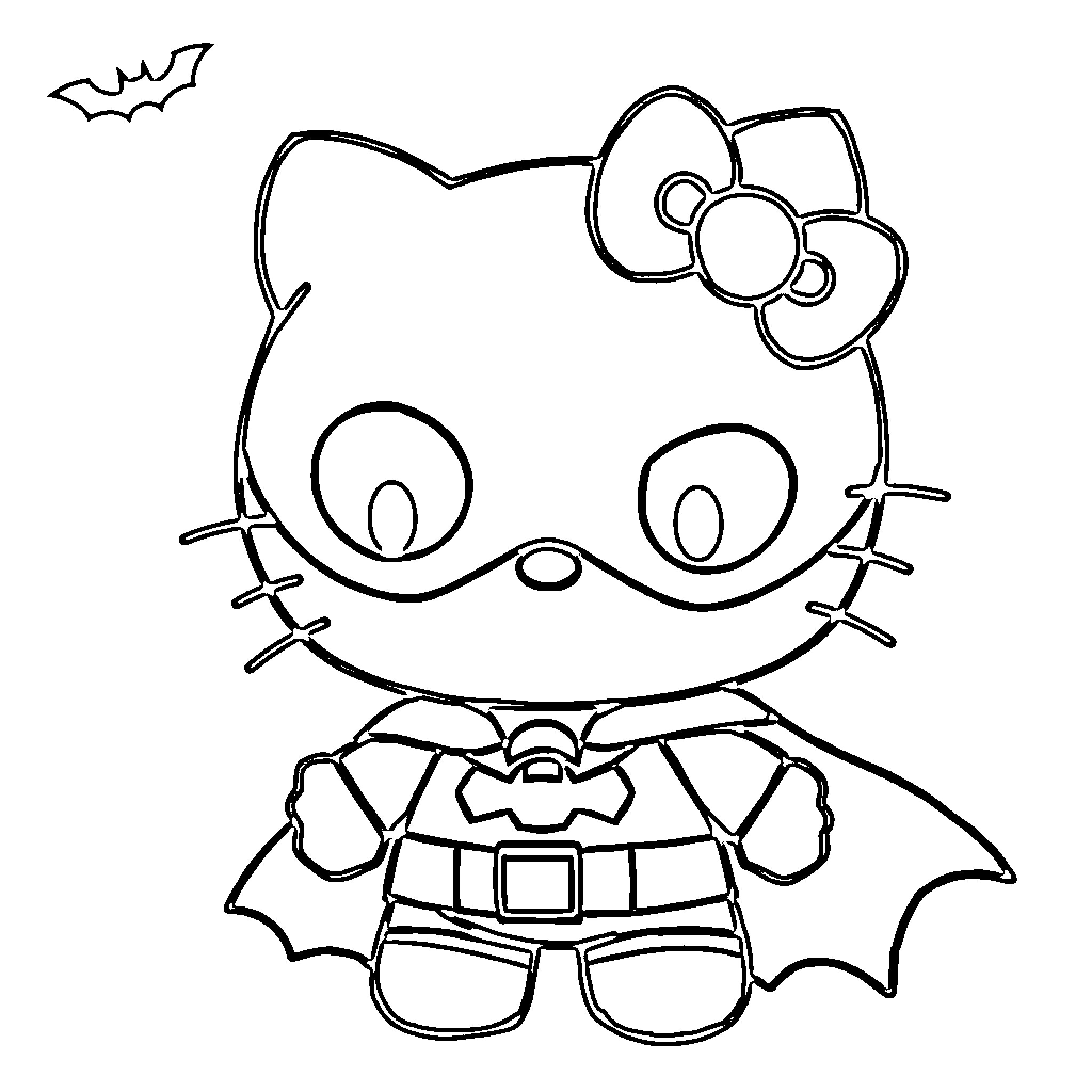Hello Kitty Bat-Themed Costume Coloring Page (free black-and-white line drawing printable PDF for all, from beginners to advanced learners, including children, teens, adults, and seniors)
