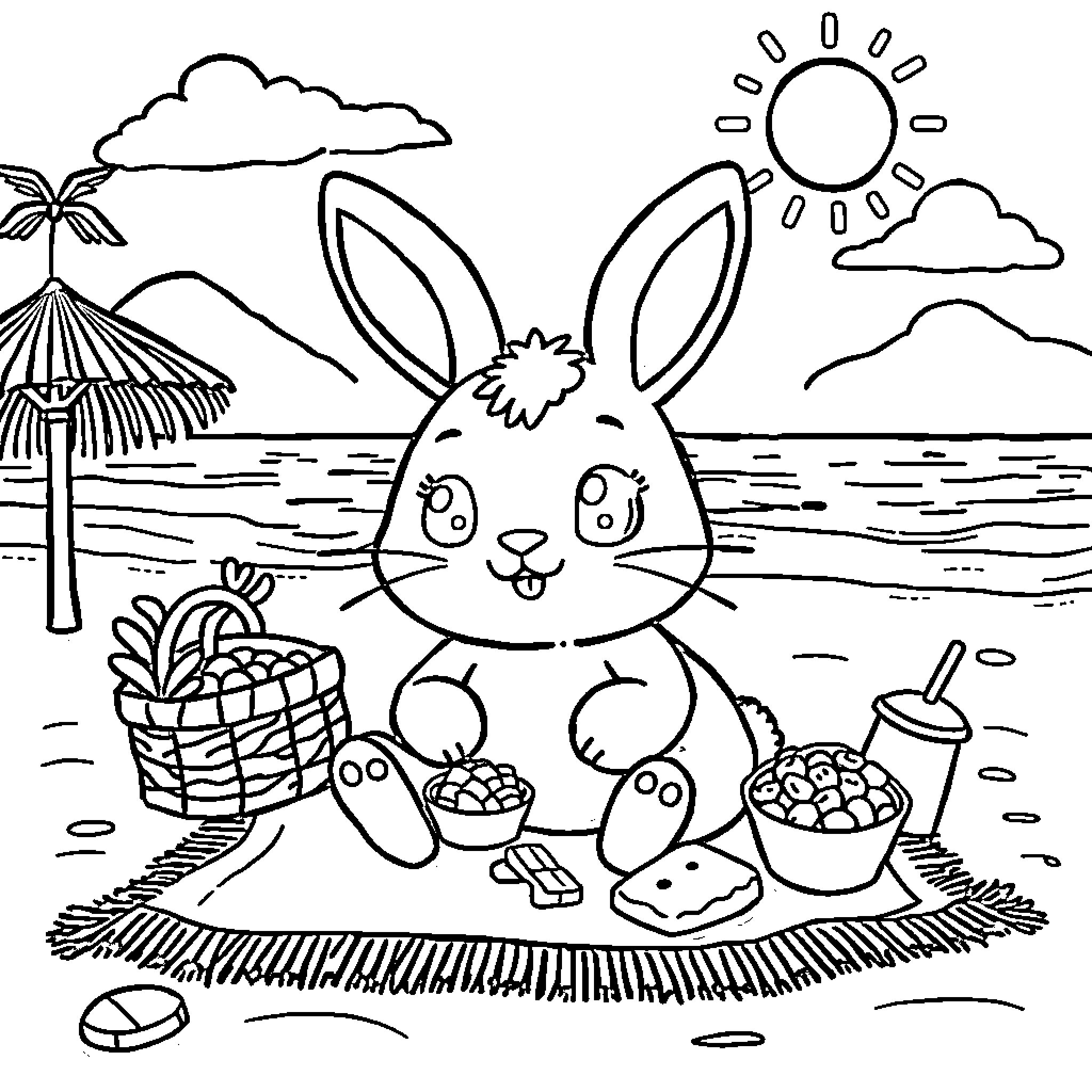 Bunny enjoying a beach picnic Coloring Page (free black-and-white line drawing printable PDF for all, from beginners to advanced learners, including children, teens, adults, and seniors)
