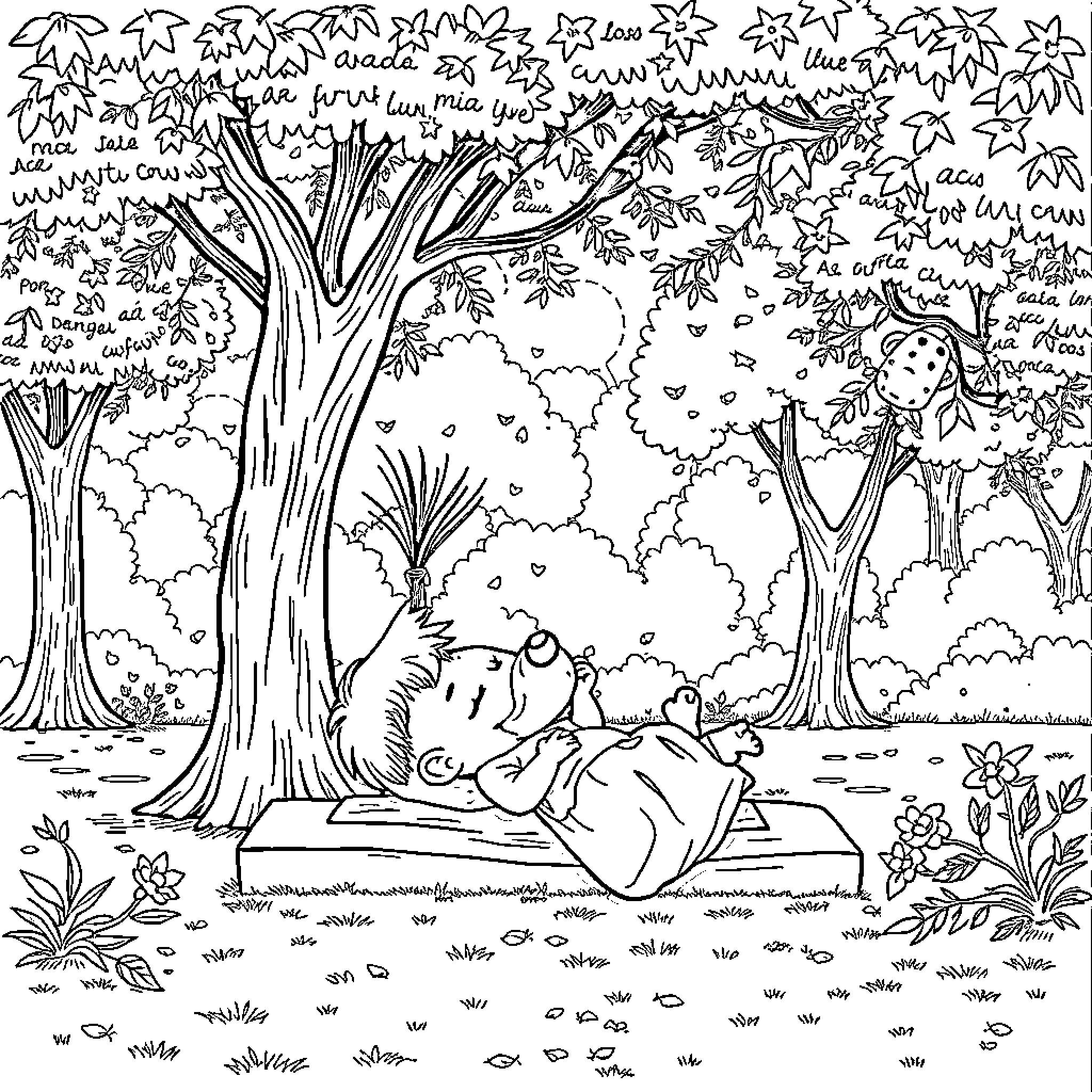 Child resting peacefully in the forest Coloring Page (free black-and-white line drawing printable PDF for all, from beginners to advanced learners, including children, teens, adults, and seniors)