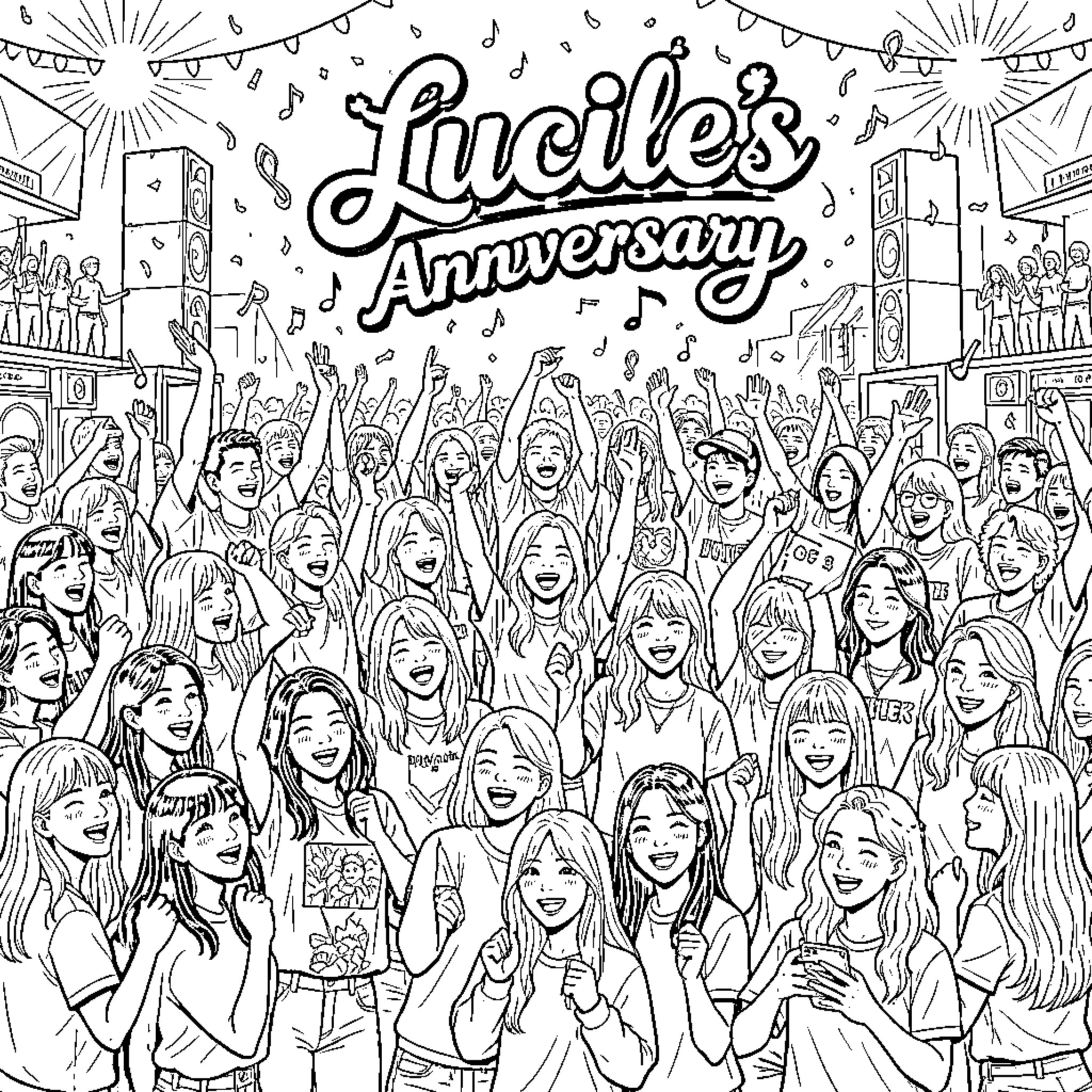 Kpop fans cheering joyfully at a large anniversary celebration Coloring Page (free black-and-white line drawing printable PDF for all, from beginners to advanced learners, including children, teens, adults, and seniors)