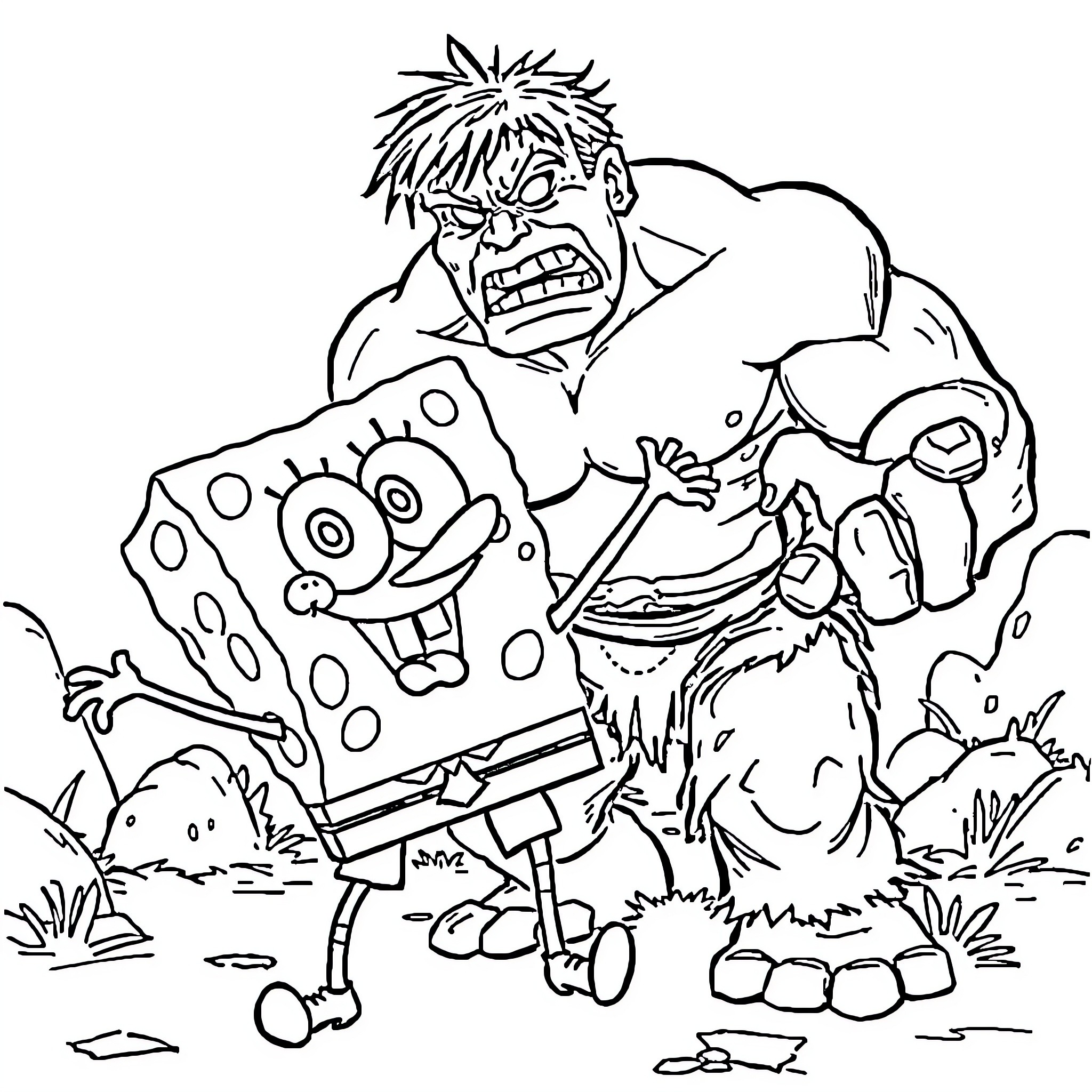 Spongebob and Hulk-like creature in the outdoors Coloring Page (free black-and-white line drawing printable PDF for all, from beginners to advanced learners, including children, teens, adults, and seniors)