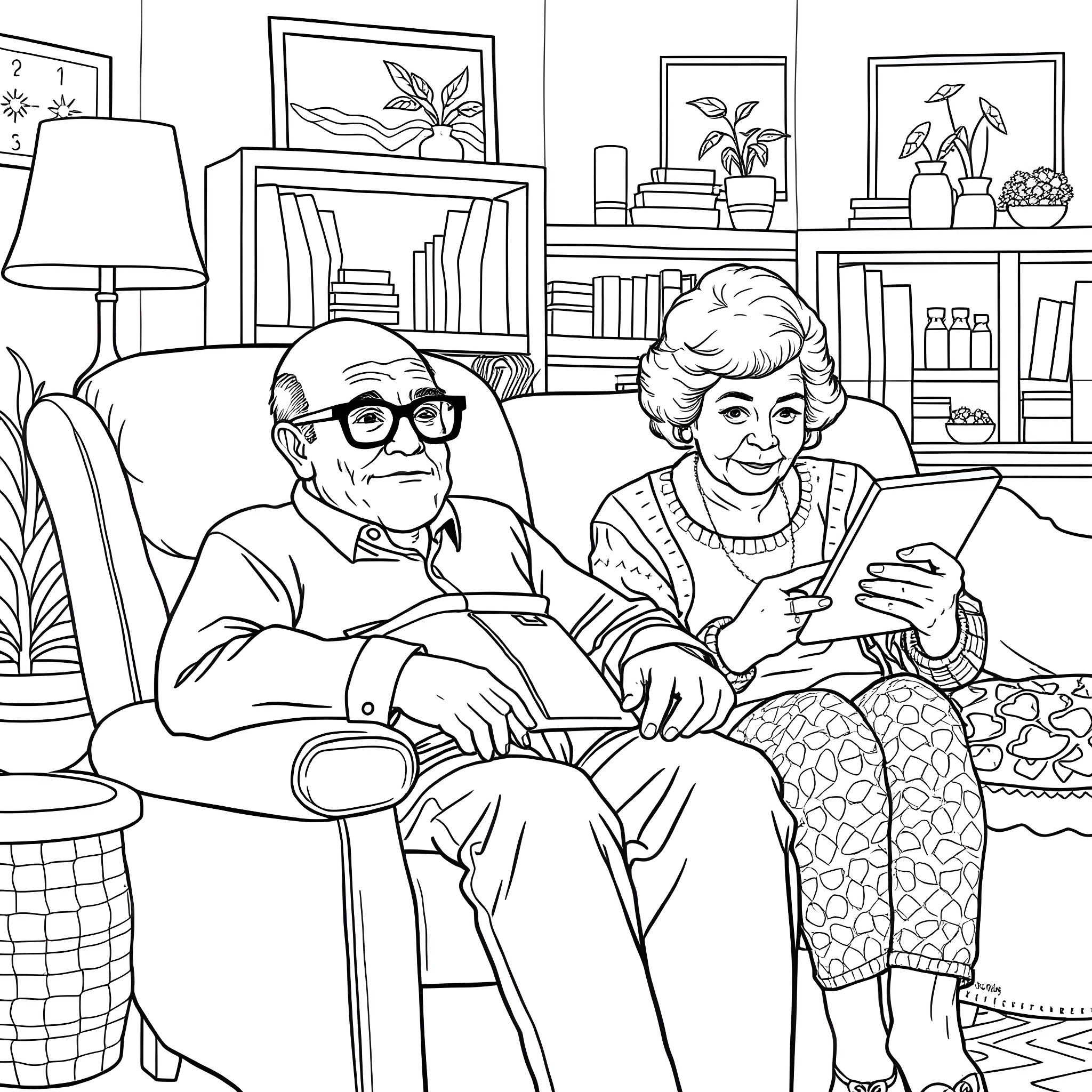 Man and woman enjoying quality time together at home Coloring Page (free black-and-white line drawing printable PDF for all, from beginners to advanced learners, including children, teens, adults, and seniors)