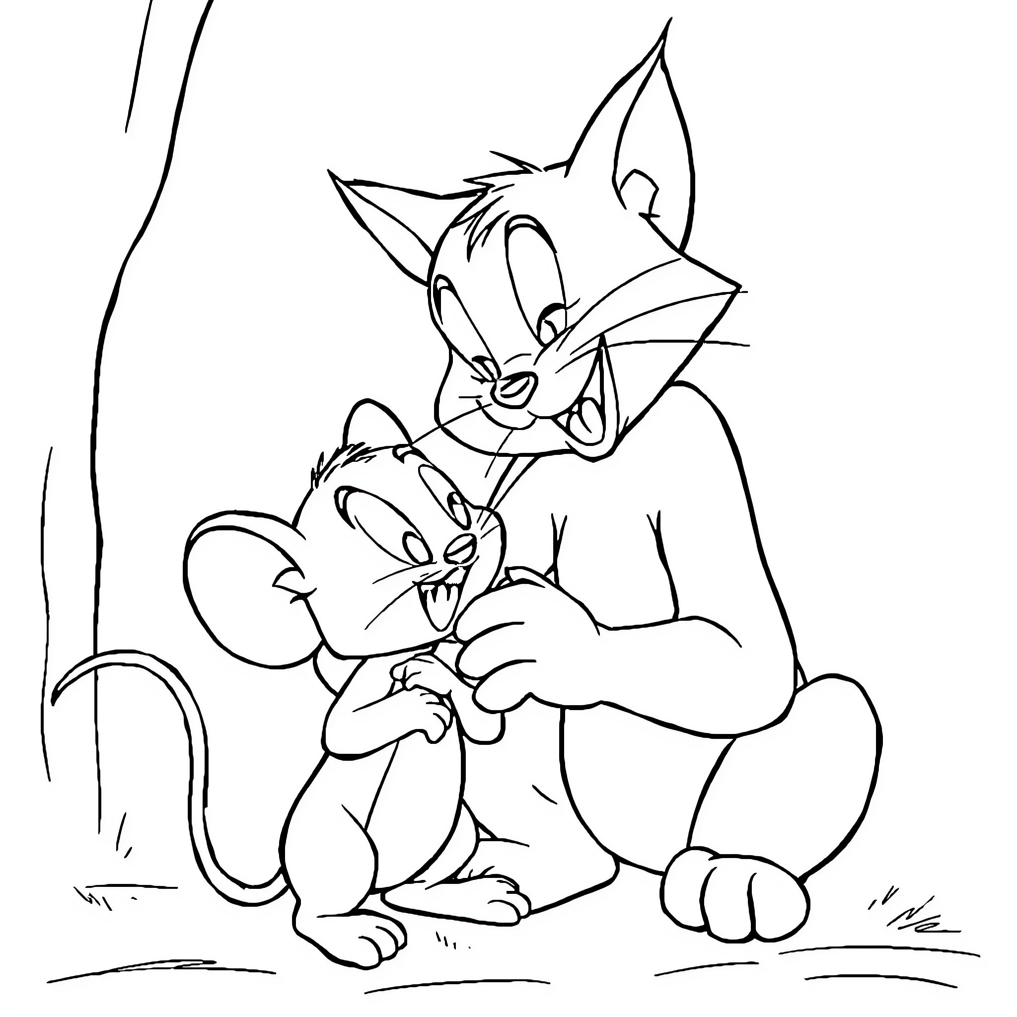 Tom and Jerry's Comical Encounter Coloring Page (free black-and-white line drawing printable PDF for all, from beginners to advanced learners, including children, teens, adults, and seniors)