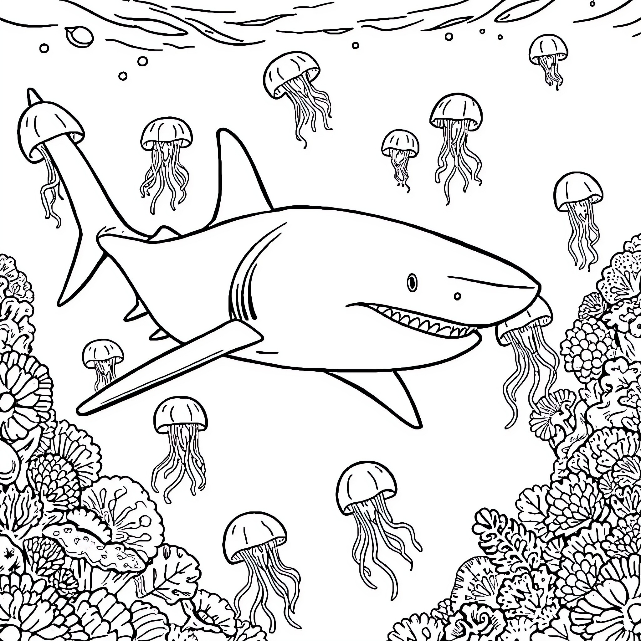 Shark surrounded by curious jellyfish Coloring Page (free black-and-white line drawing printable PDF for all, from beginners to advanced learners, including children, teens, adults, and seniors)
