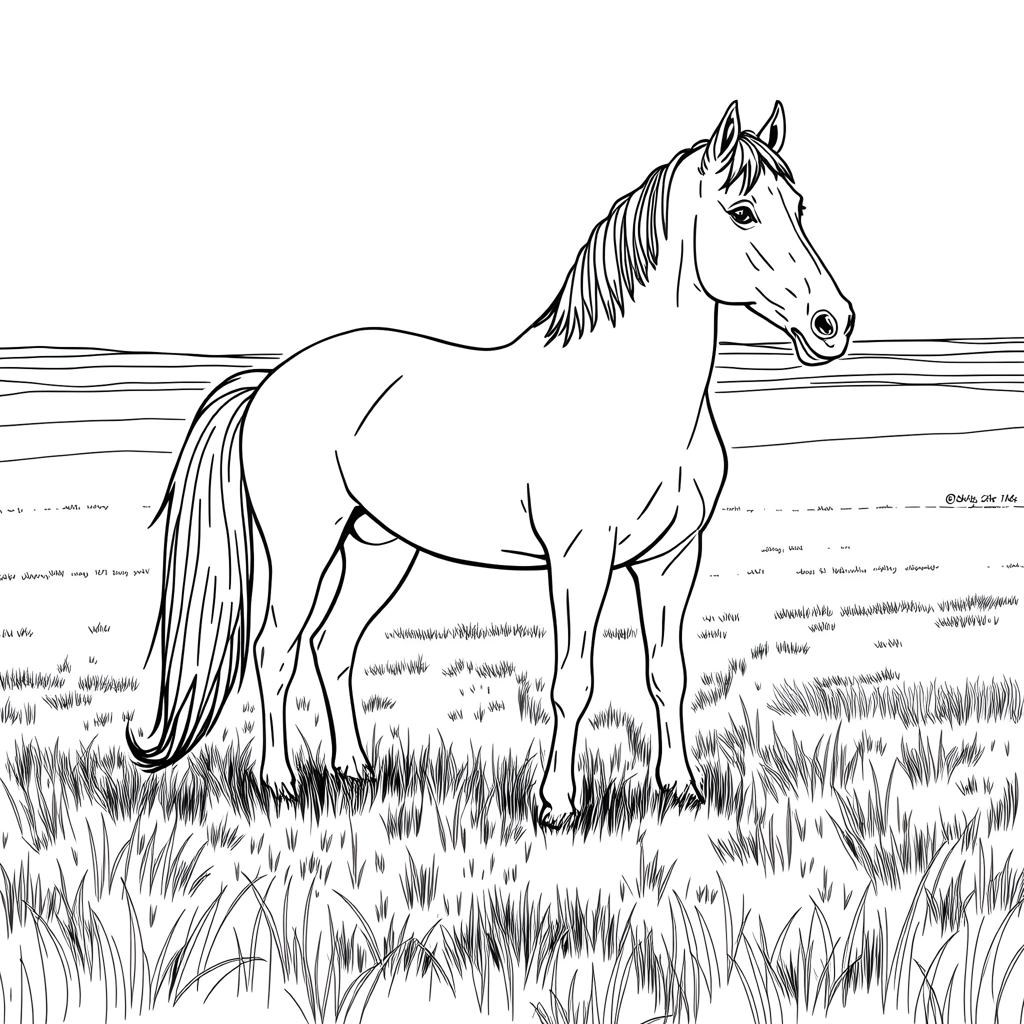 Horse standing in a grassy field Coloring Page (free black-and-white line drawing printable PDF for all, from beginners to advanced learners, including children, teens, adults, and seniors)