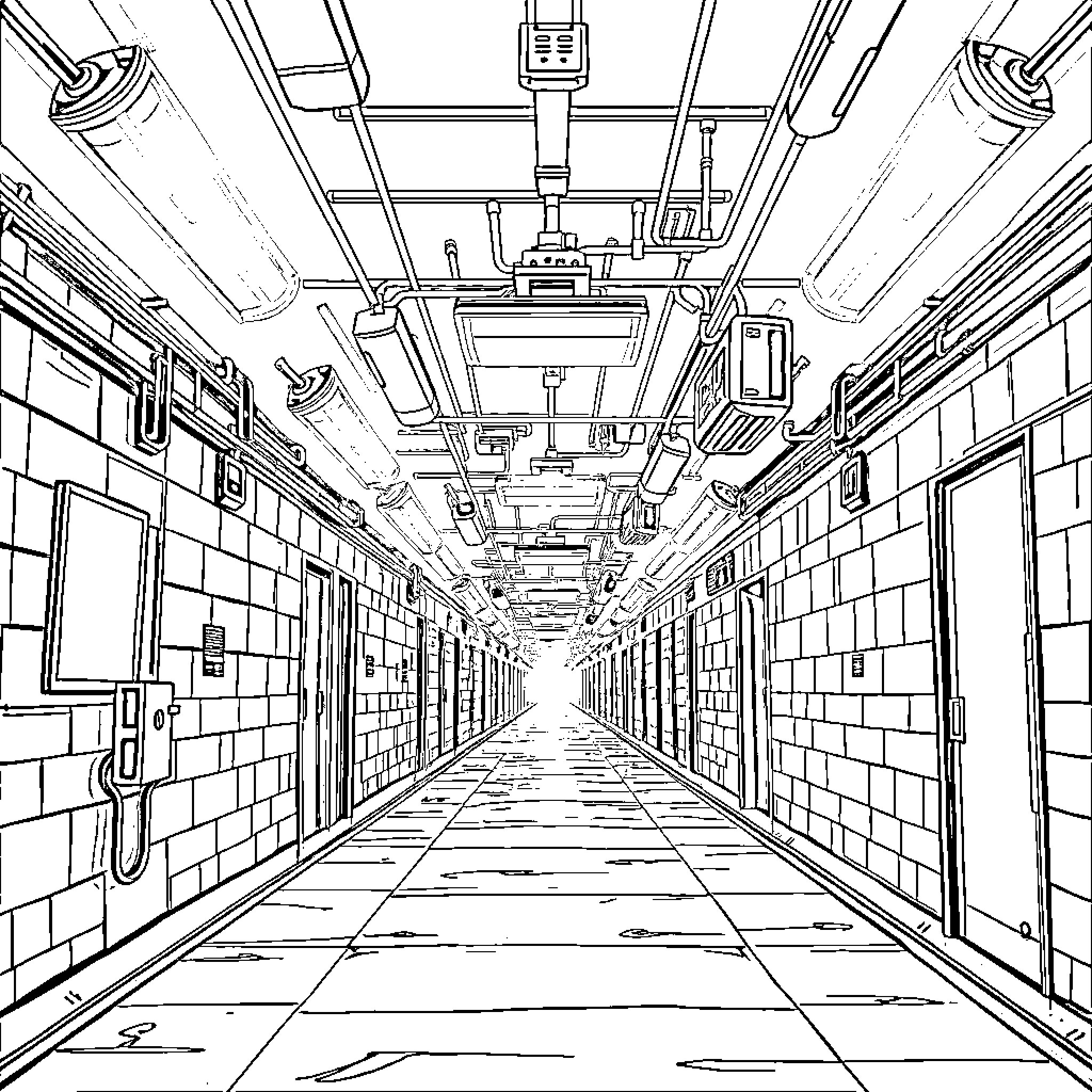 Backrooms - Eerie Industrial Corridor Coloring Page (free black-and-white line drawing printable PDF for all, from beginners to advanced learners, including children, teens, adults, and seniors)