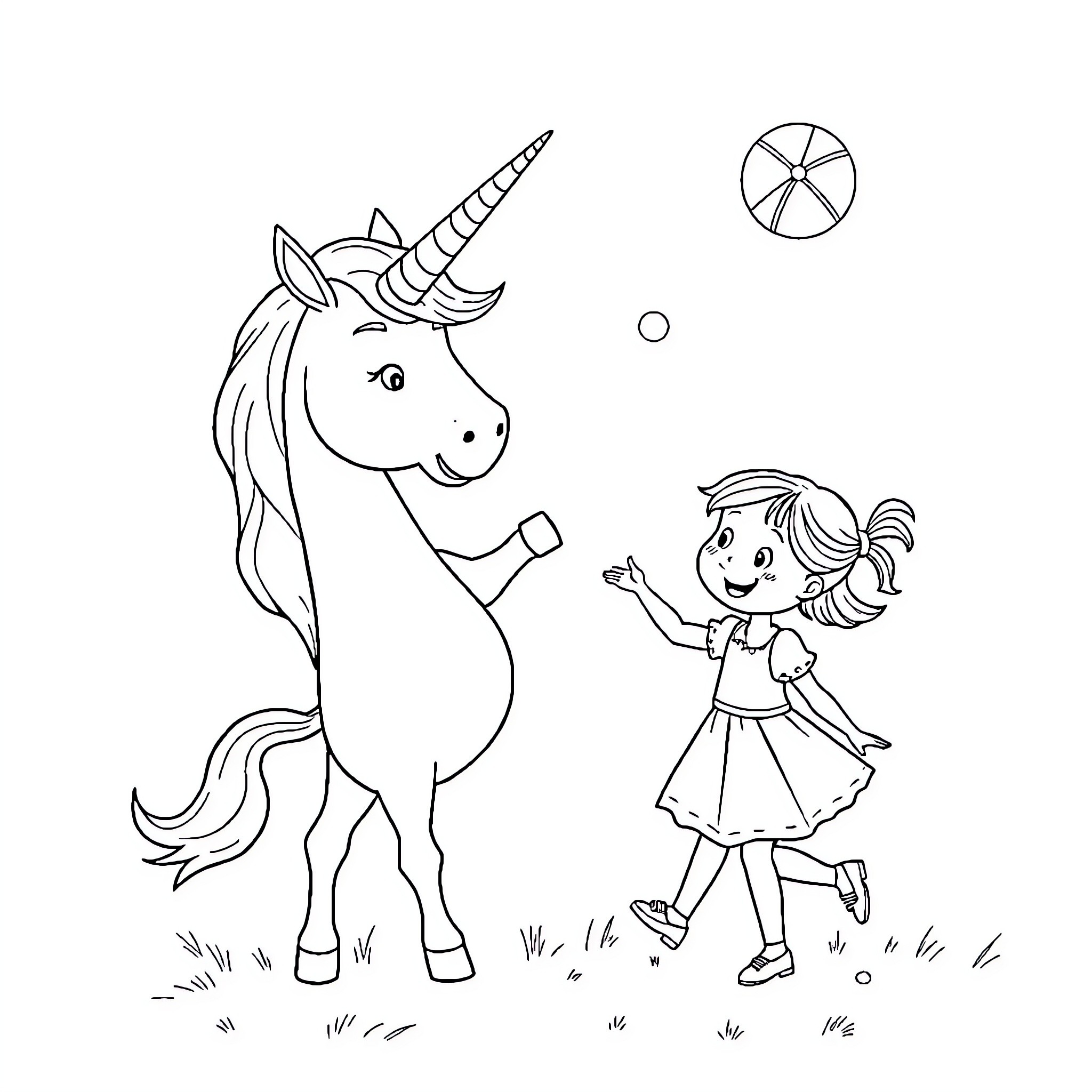 Einhorn and a Girl Playing Happily Outdoors Coloring Page (free black-and-white line drawing printable PDF for all, from beginners to advanced learners, including children, teens, adults, and seniors)