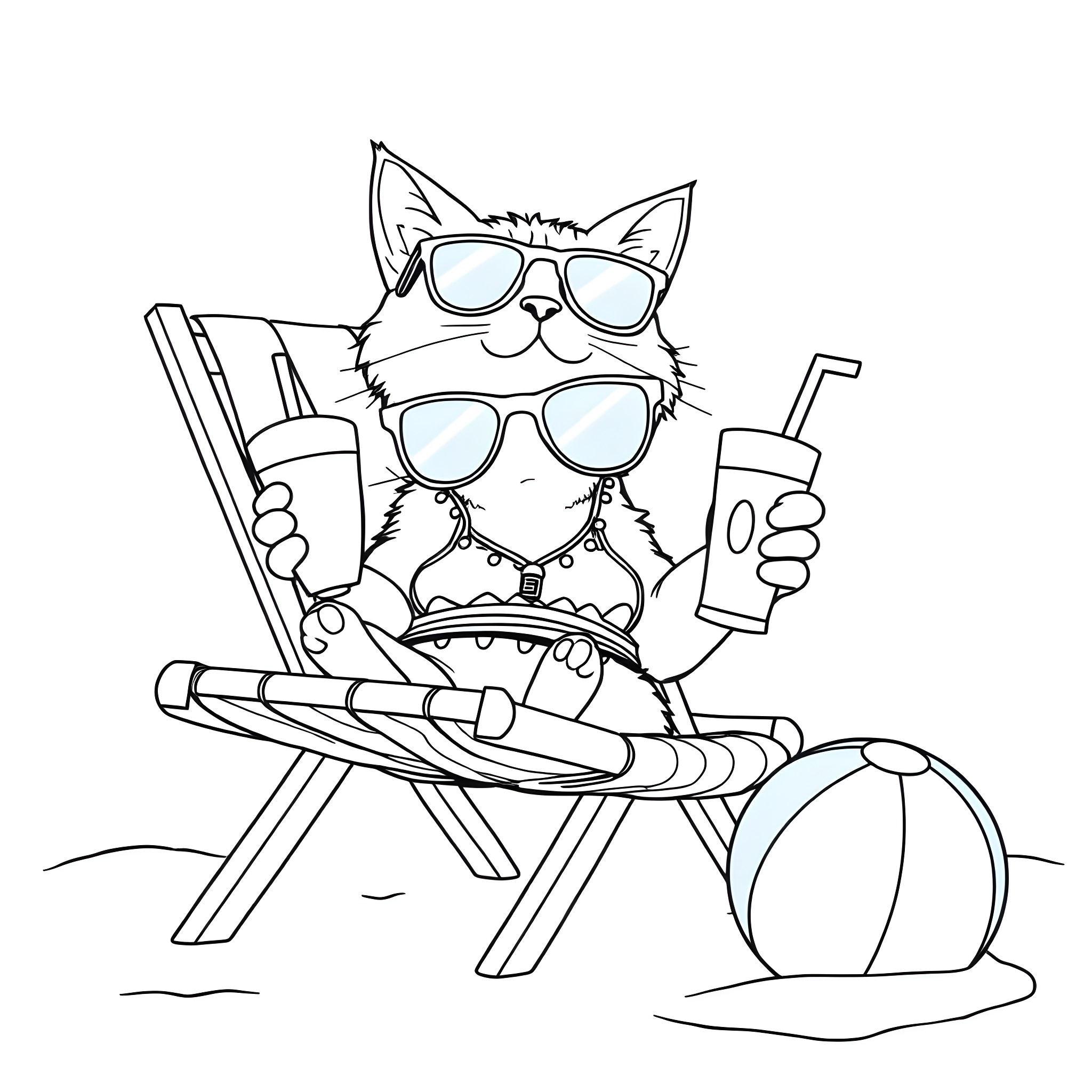 Cat relaxing on beach chair with drinks and beach ball Coloring Page (free black-and-white line drawing printable PDF for all, from beginners to advanced learners, including children, teens, adults, and seniors)