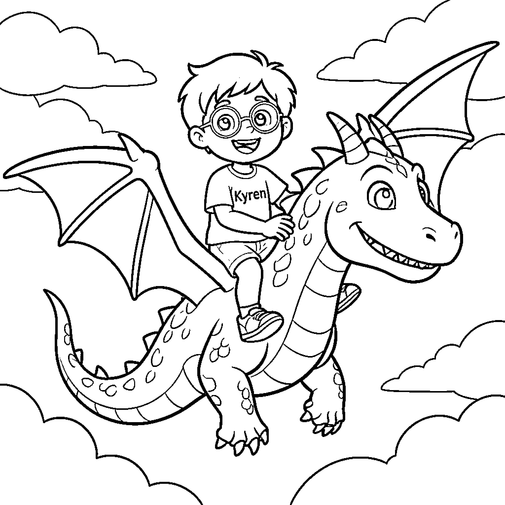 Boy riding a friendly dragon in the sky Coloring Page (free black-and-white line drawing printable PDF for all, from beginners to advanced learners, including children, teens, adults, and seniors)