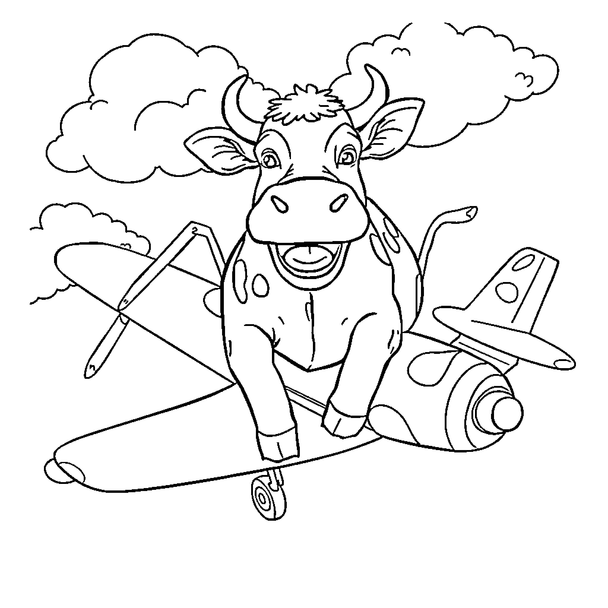 Cow flying a small plane with happy expression Coloring Page (free black-and-white line drawing printable PDF for all, from beginners to advanced learners, including children, teens, adults, and seniors)