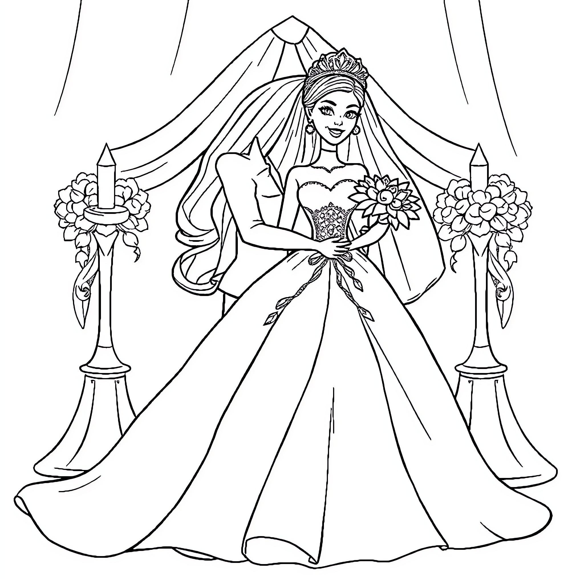 Barbie's Elegant Wedding Celebration Coloring Page (free black-and-white line drawing printable PDF for all, from beginners to advanced learners, including children, teens, adults, and seniors)