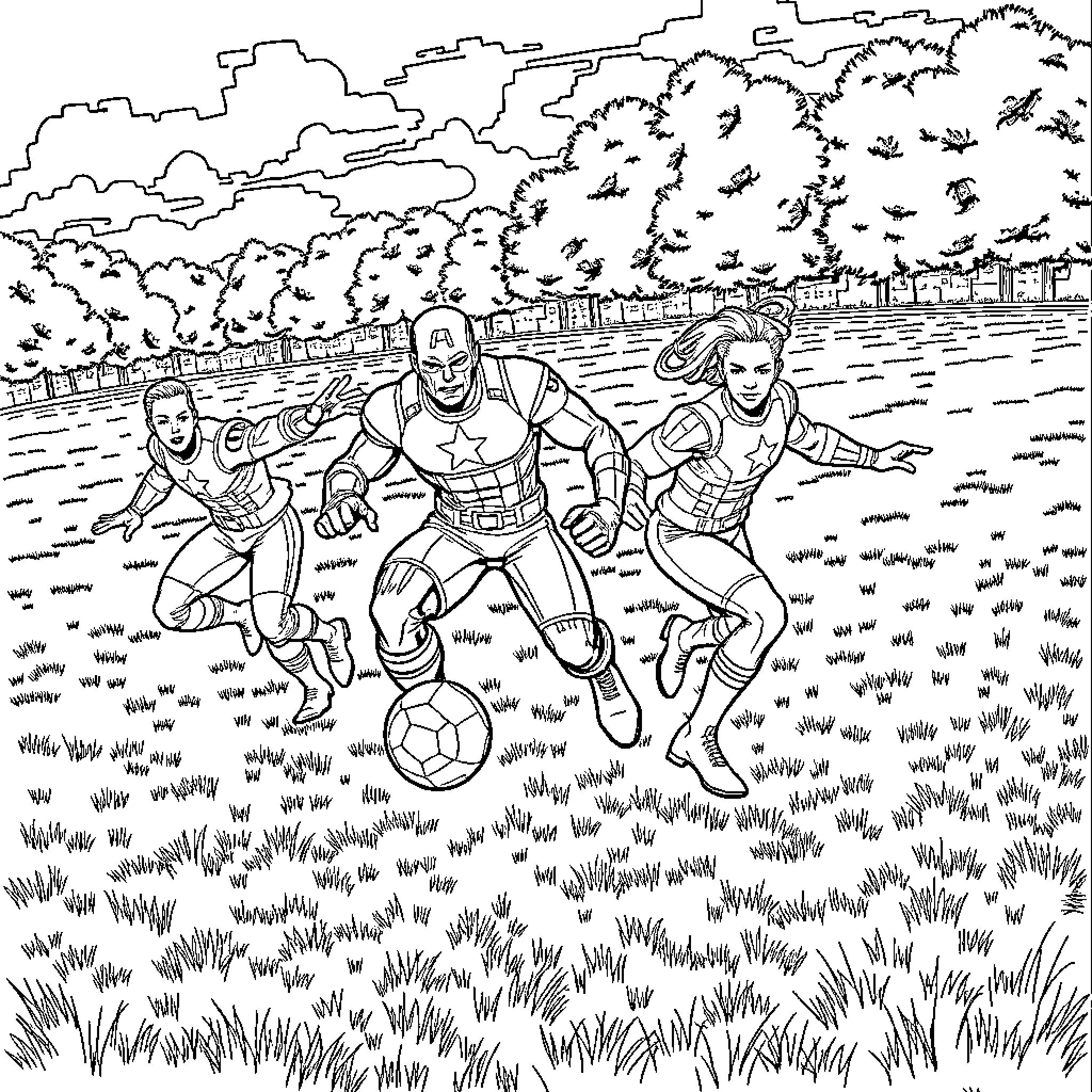 Avenger heroes playing soccer in a grassy field Coloring Page (free black-and-white line drawing printable PDF for all, from beginners to advanced learners, including children, teens, adults, and seniors)