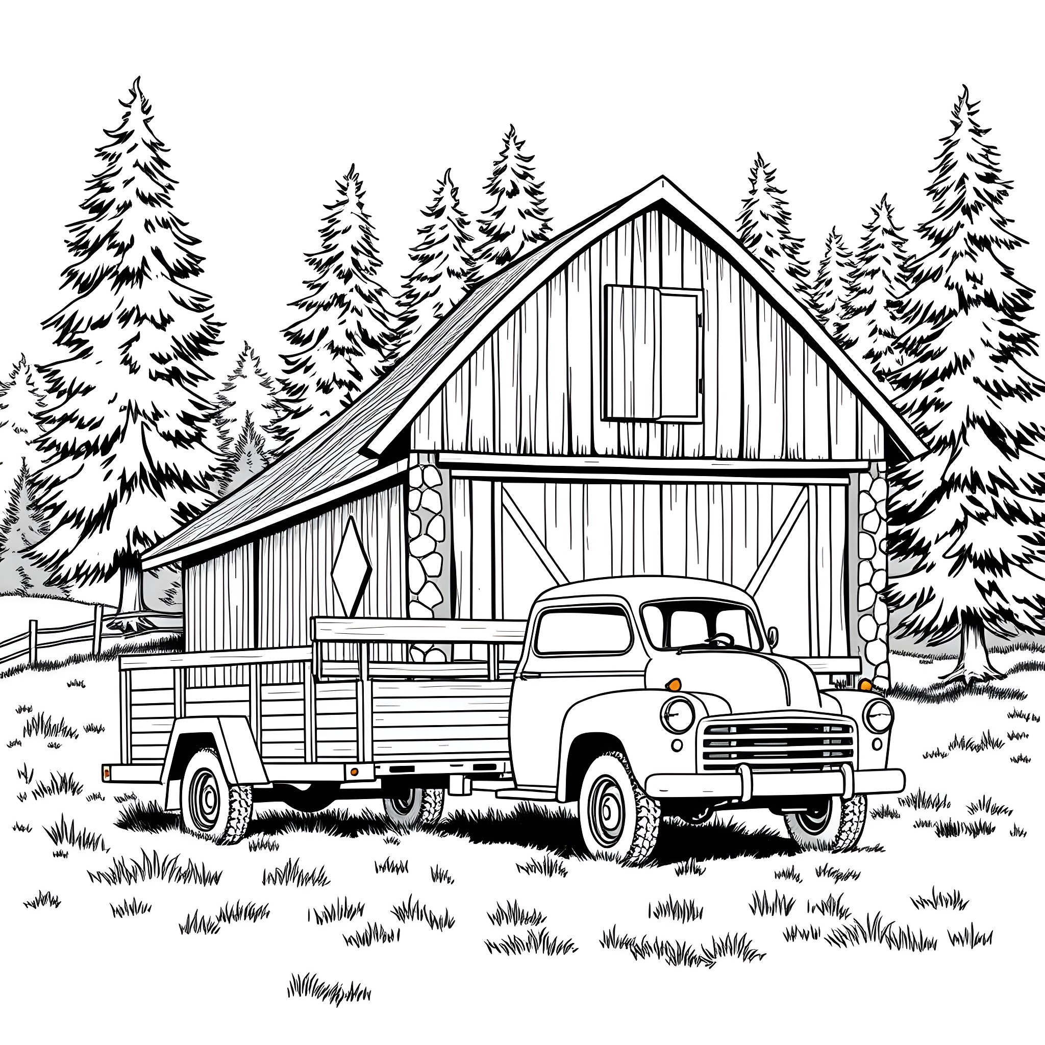 Car Trailer with Vintage Truck in Snowy Forest Coloring Page (free black-and-white line drawing printable PDF for all, from beginners to advanced learners, including children, teens, adults, and seniors)