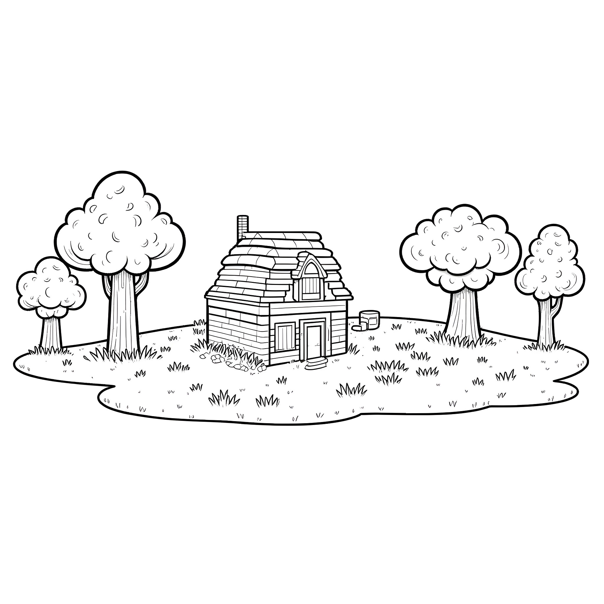 Minecraft cabin in the woods landscape Coloring Page (free black-and-white line drawing printable PDF for all, from beginners to advanced learners, including children, teens, adults, and seniors)