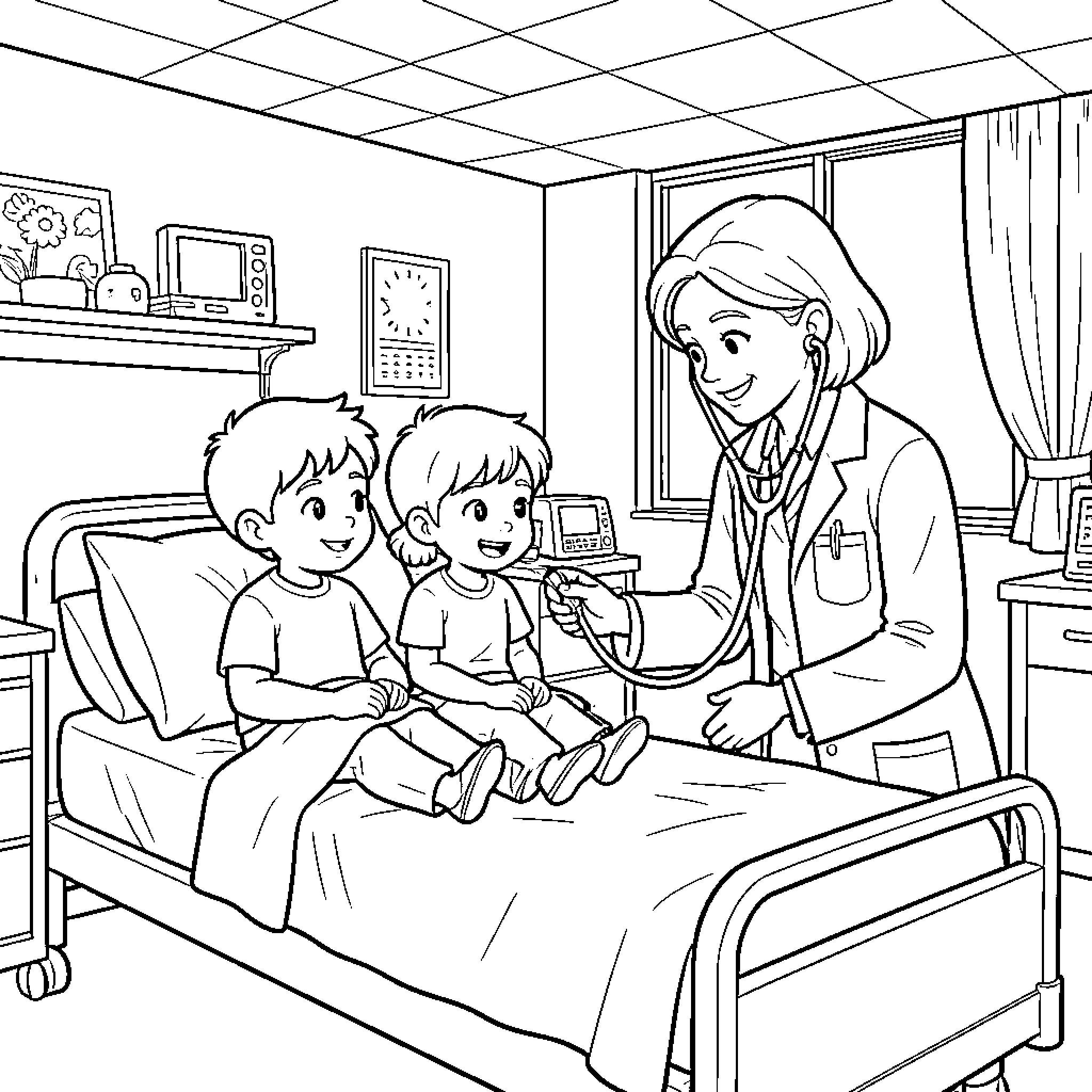 Niño Visitando al Médico Coloring Page (free black-and-white line drawing printable PDF for all, from beginners to advanced learners, including children, teens, adults, and seniors)