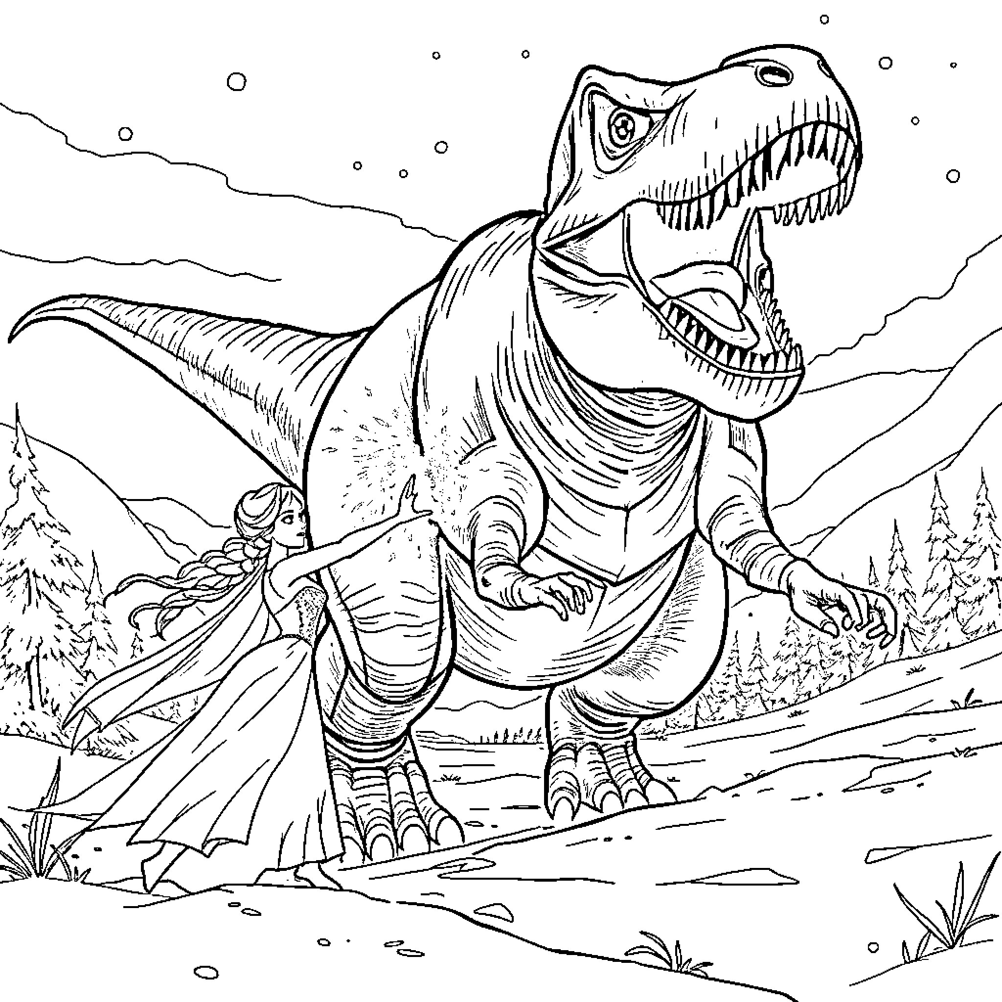 Elsa's Encounter with the Mighty Tyrannosaur Coloring Page (free black-and-white line drawing printable PDF for all, from beginners to advanced learners, including children, teens, adults, and seniors)