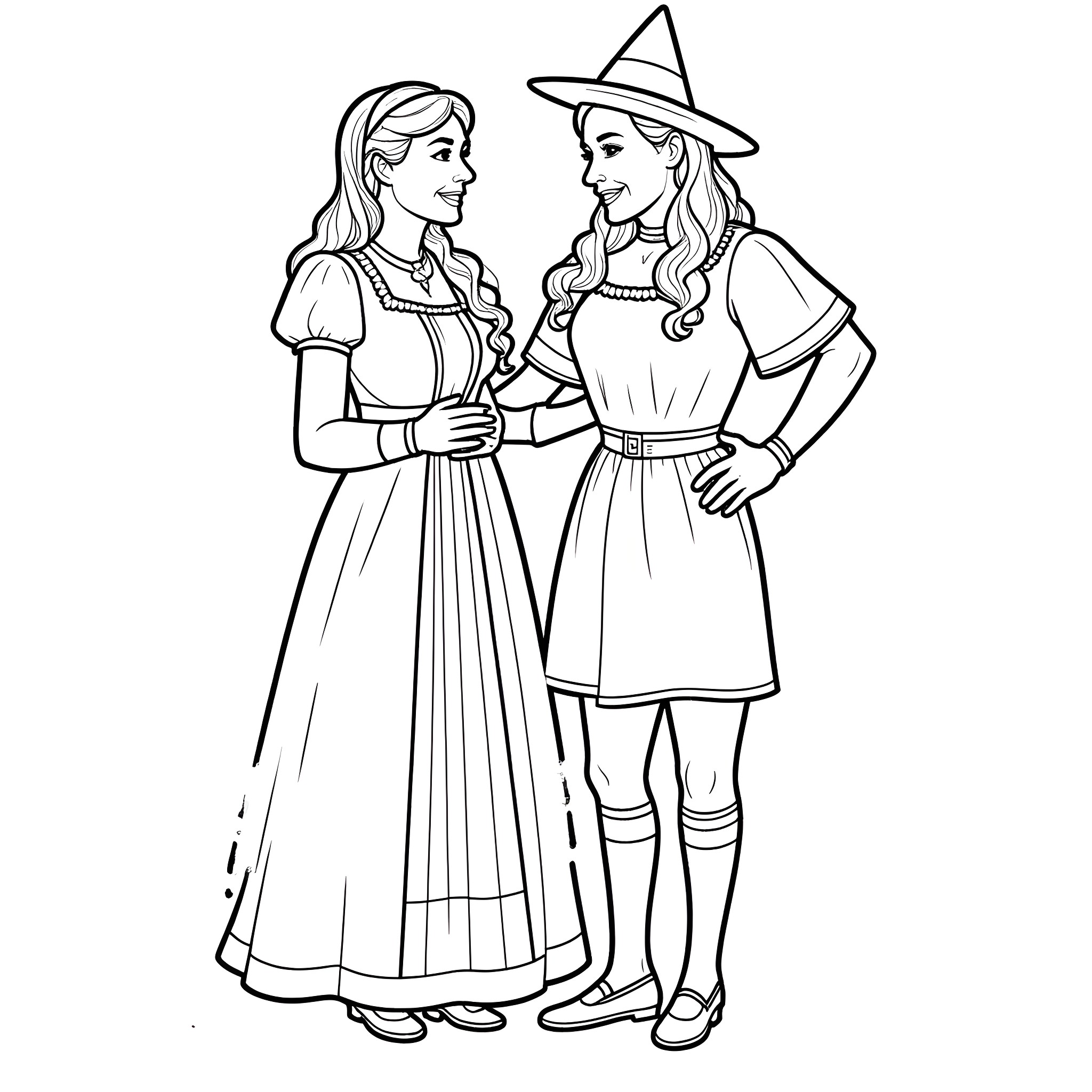 Witch sisters in traditional medieval costumes Coloring Page (free black-and-white line drawing printable PDF for all, from beginners to advanced learners, including children, teens, adults, and seniors)