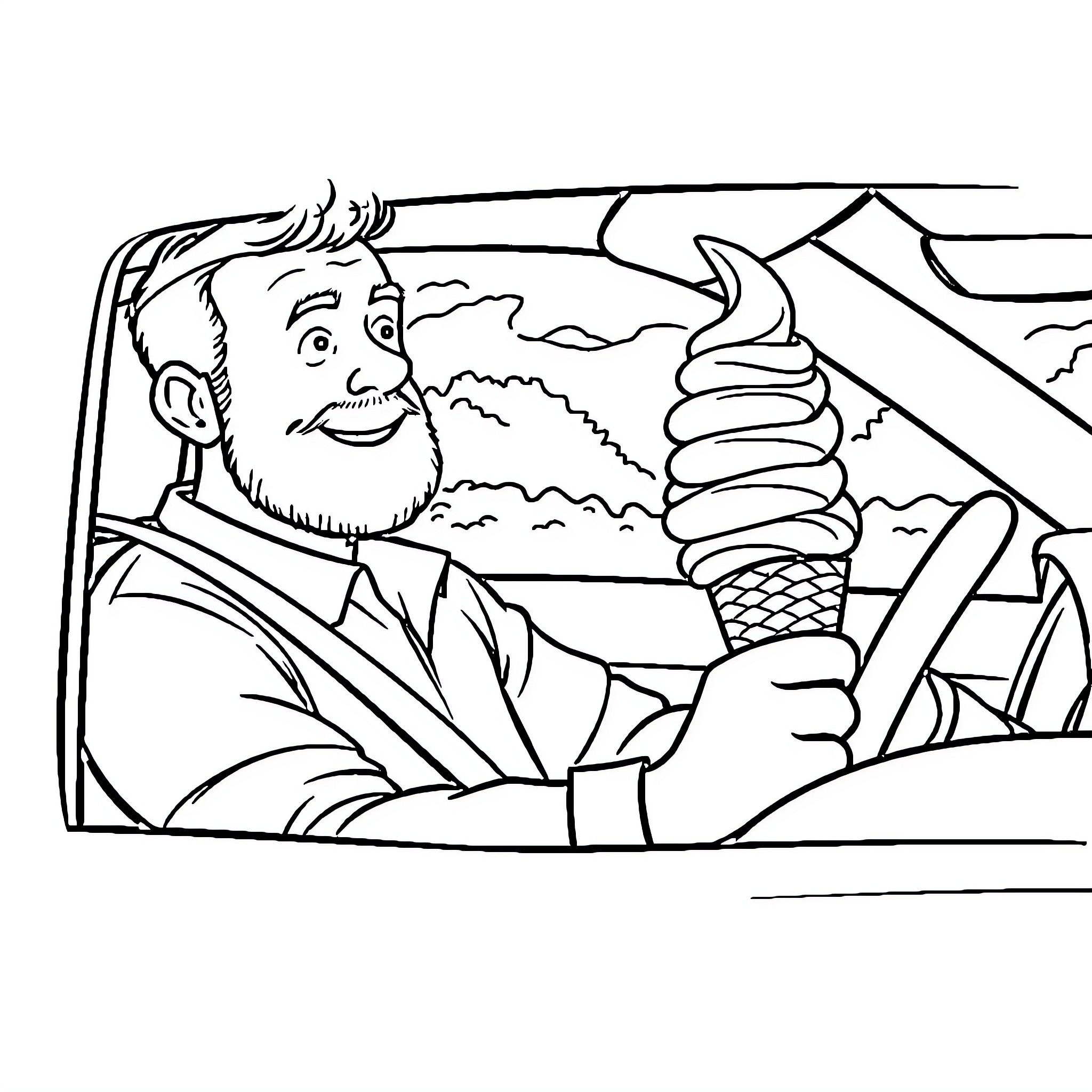 Dad enjoying ice cream on a road trip Coloring Page (free black-and-white line drawing printable PDF for all, from beginners to advanced learners, including children, teens, adults, and seniors)