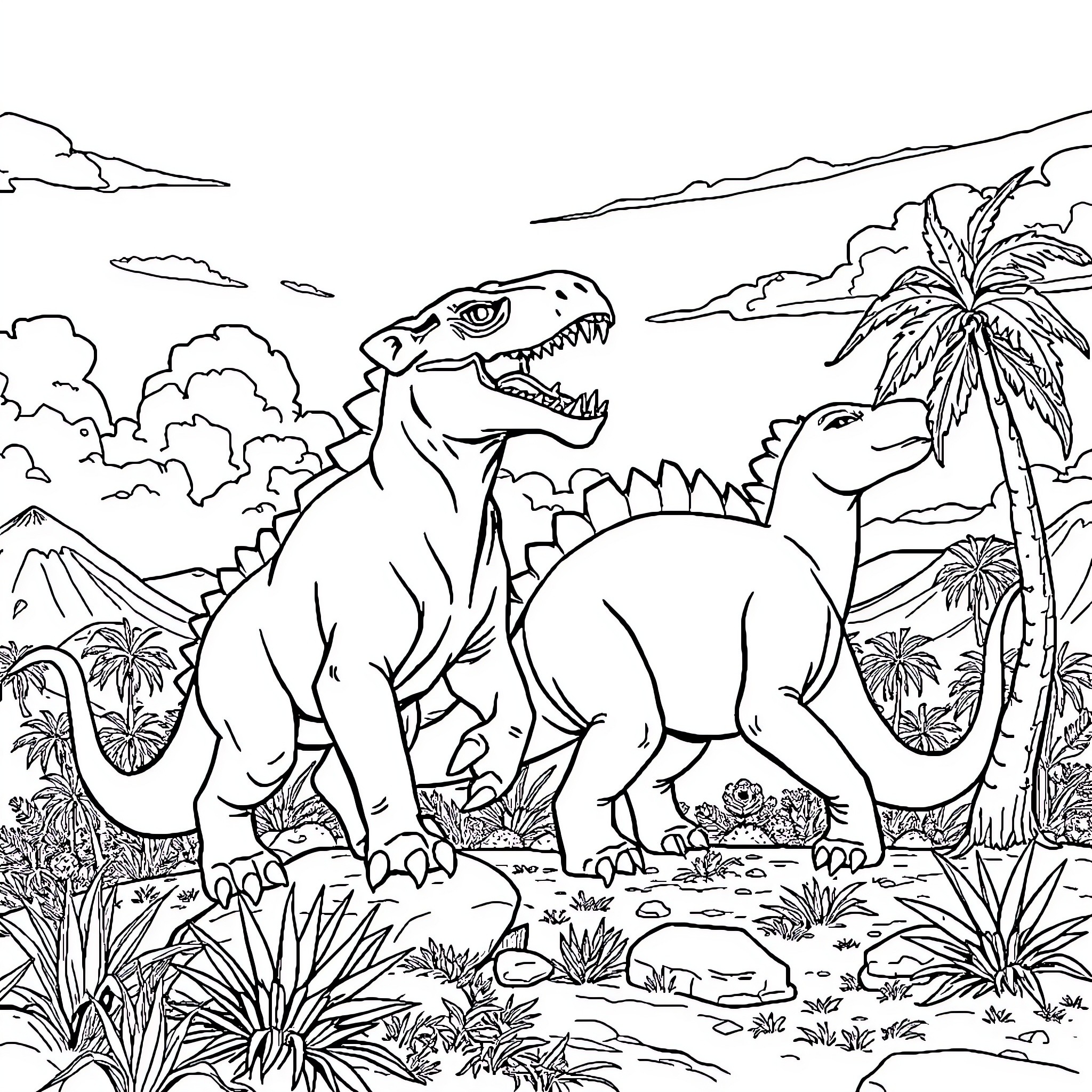 Tyrannosaurus Rex Roaming the Prehistoric Landscape Coloring Page (free black-and-white line drawing printable PDF for all, from beginners to advanced learners, including children, teens, adults, and seniors)