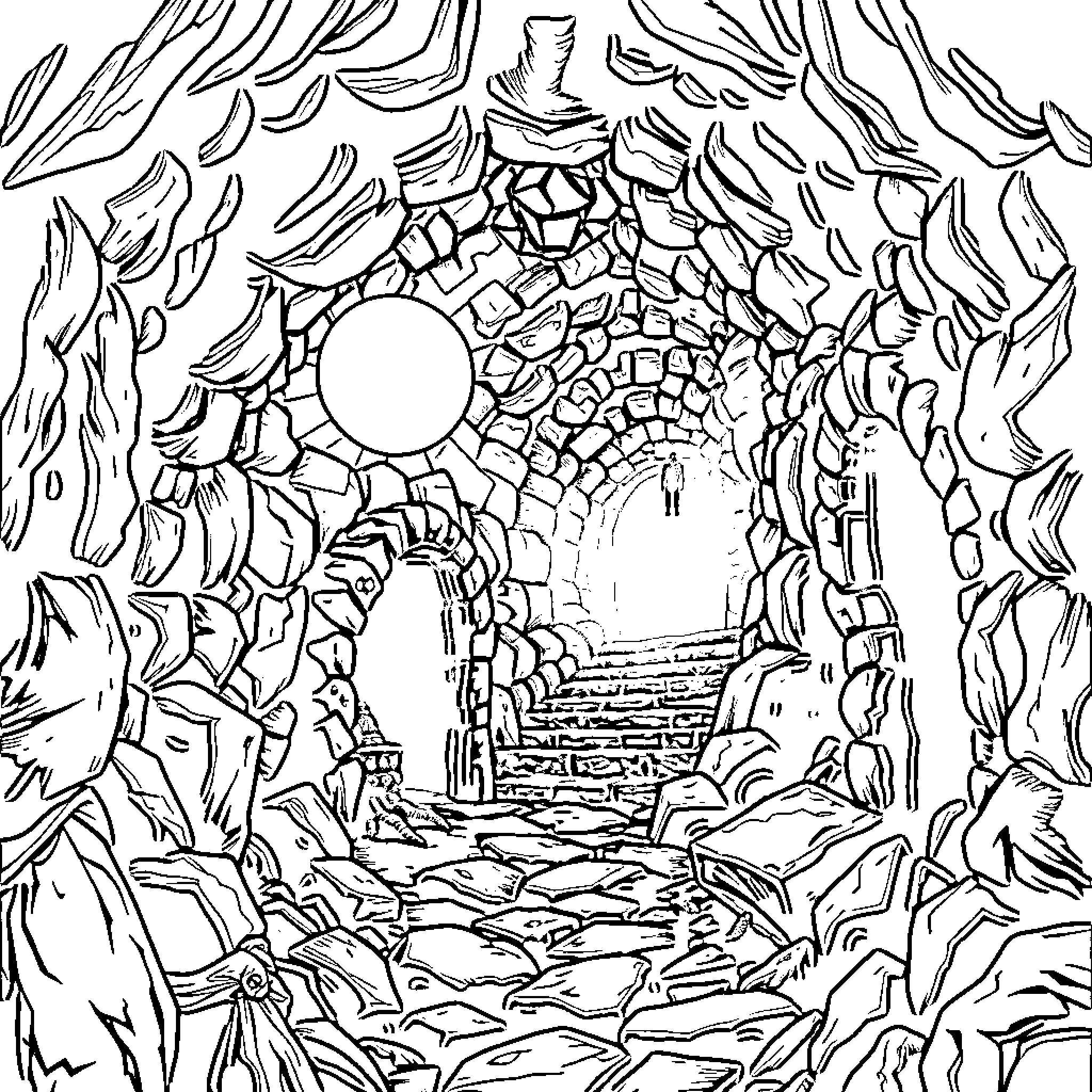 Dungeon Entrance of Mysterious Cavern Coloring Page (free black-and-white line drawing printable PDF for all, from beginners to advanced learners, including children, teens, adults, and seniors)