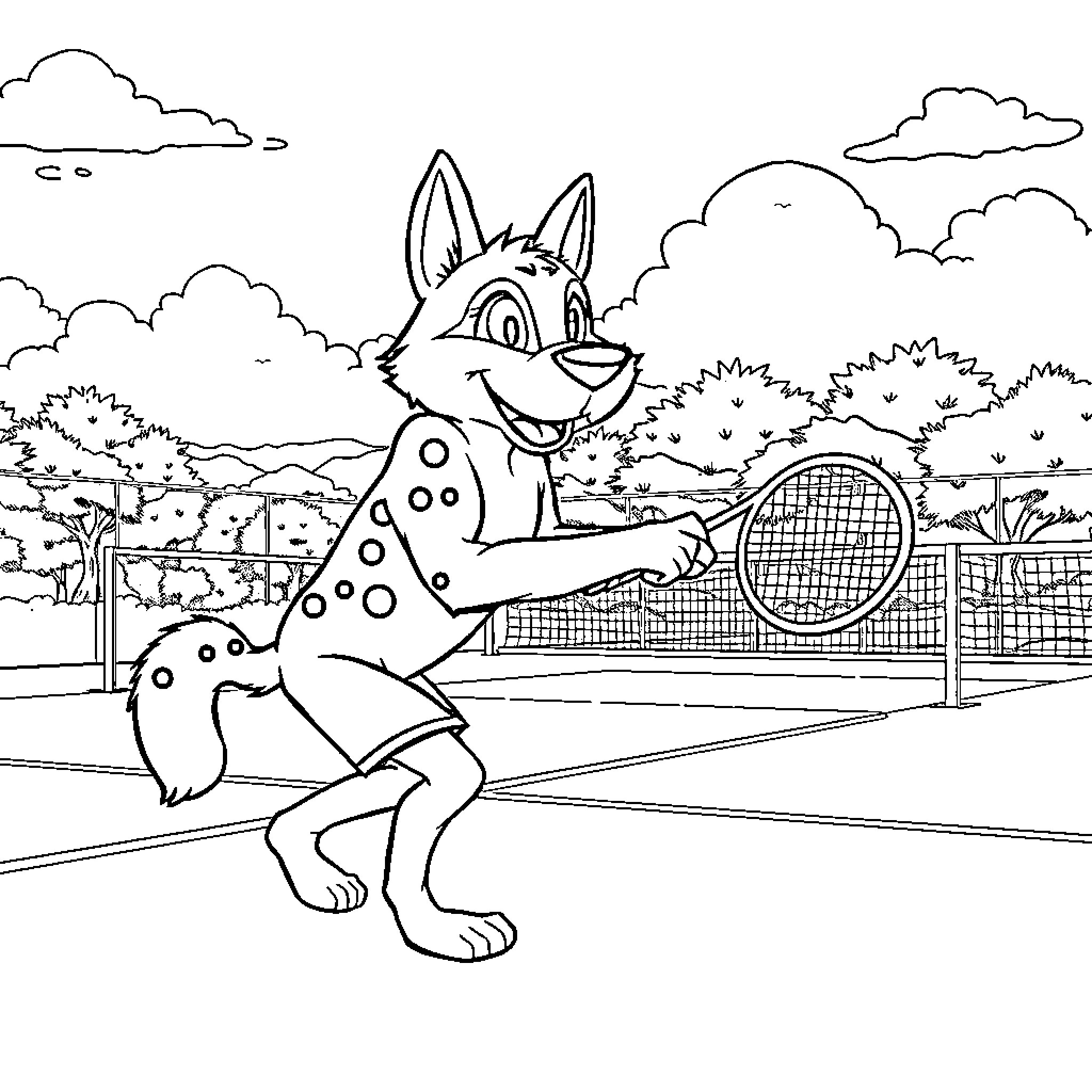 Huntrix playing tennis on the court Coloring Page (free black-and-white line drawing printable PDF for all, from beginners to advanced learners, including children, teens, adults, and seniors)