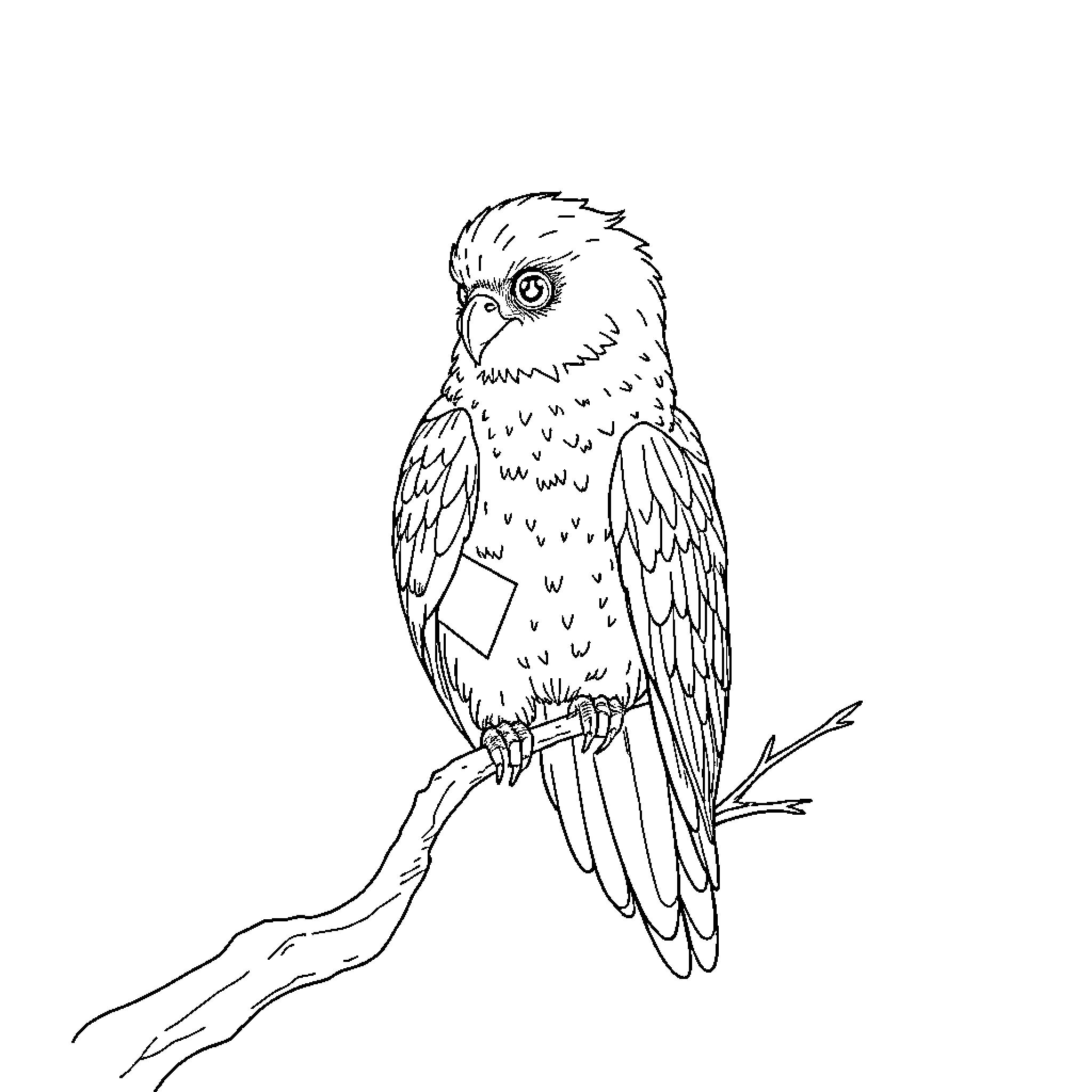 Hedwig, the Majestic Owl Perched on a Branch Coloring Page (free black-and-white line drawing printable PDF for all, from beginners to advanced learners, including children, teens, adults, and seniors)