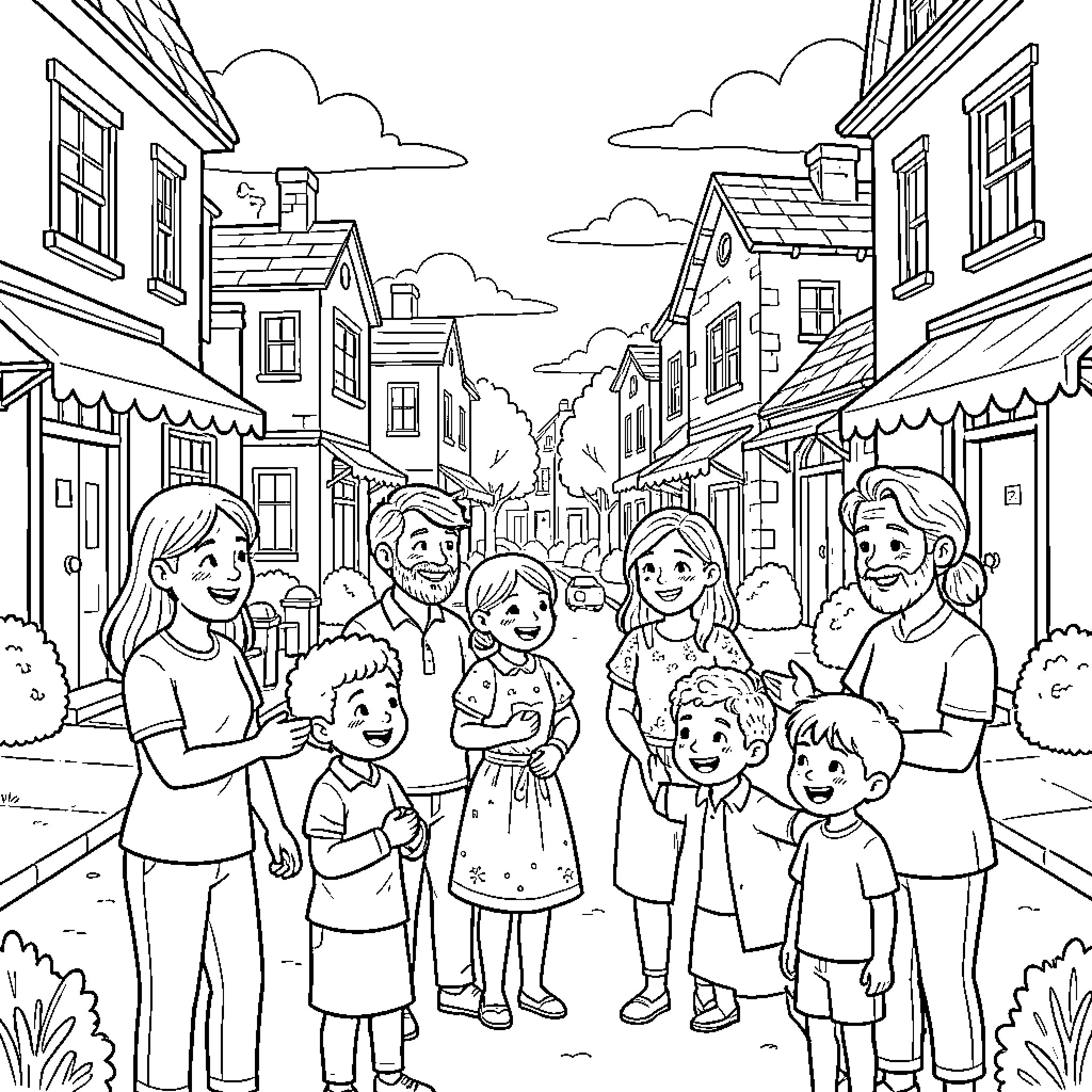 Adult family exploring the town together Coloring Page (free black-and-white line drawing printable PDF for all, from beginners to advanced learners, including children, teens, adults, and seniors)