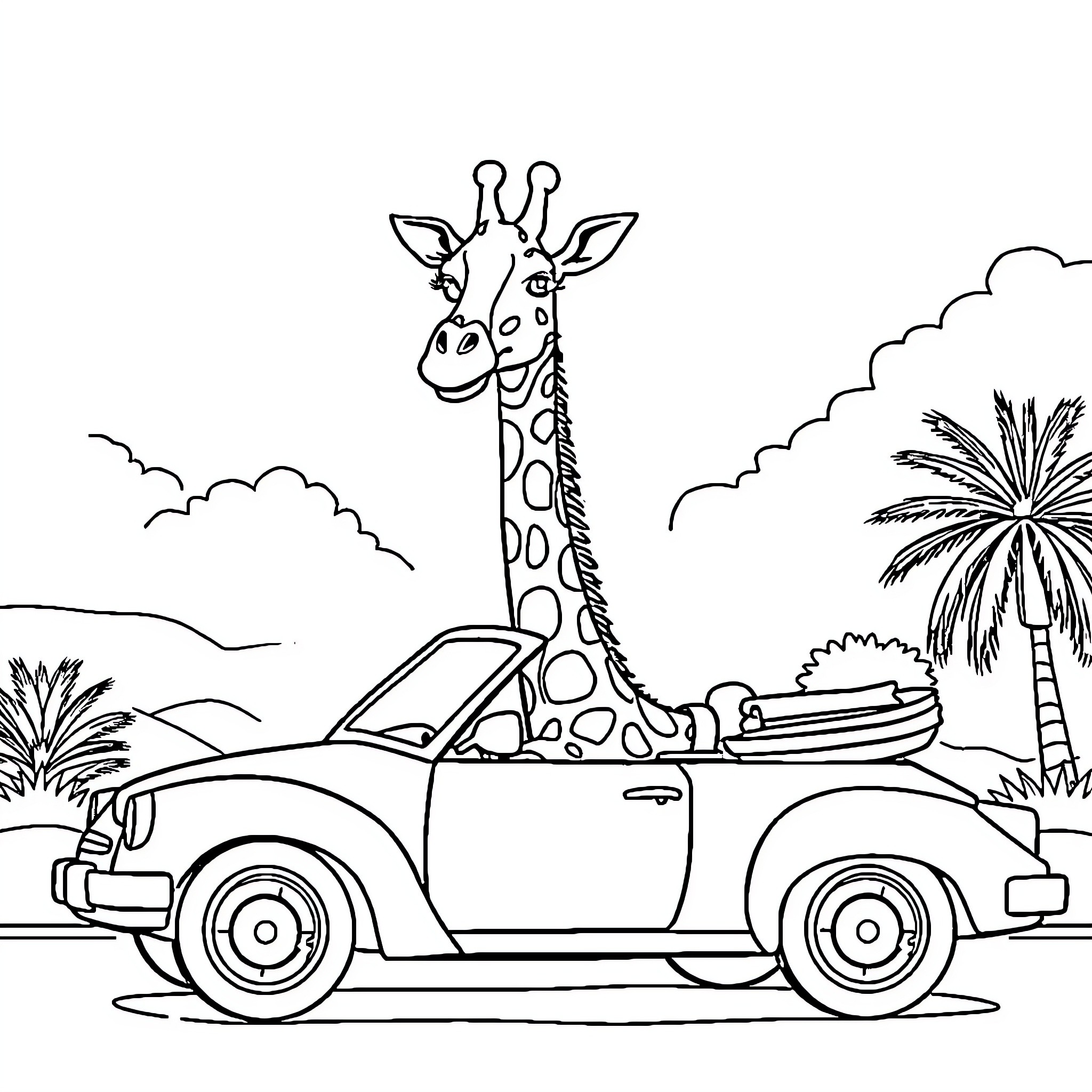 Giraffe riding a vintage car in a tropical landscape Coloring Page (free black-and-white line drawing printable PDF for all, from beginners to advanced learners, including children, teens, adults, and seniors)