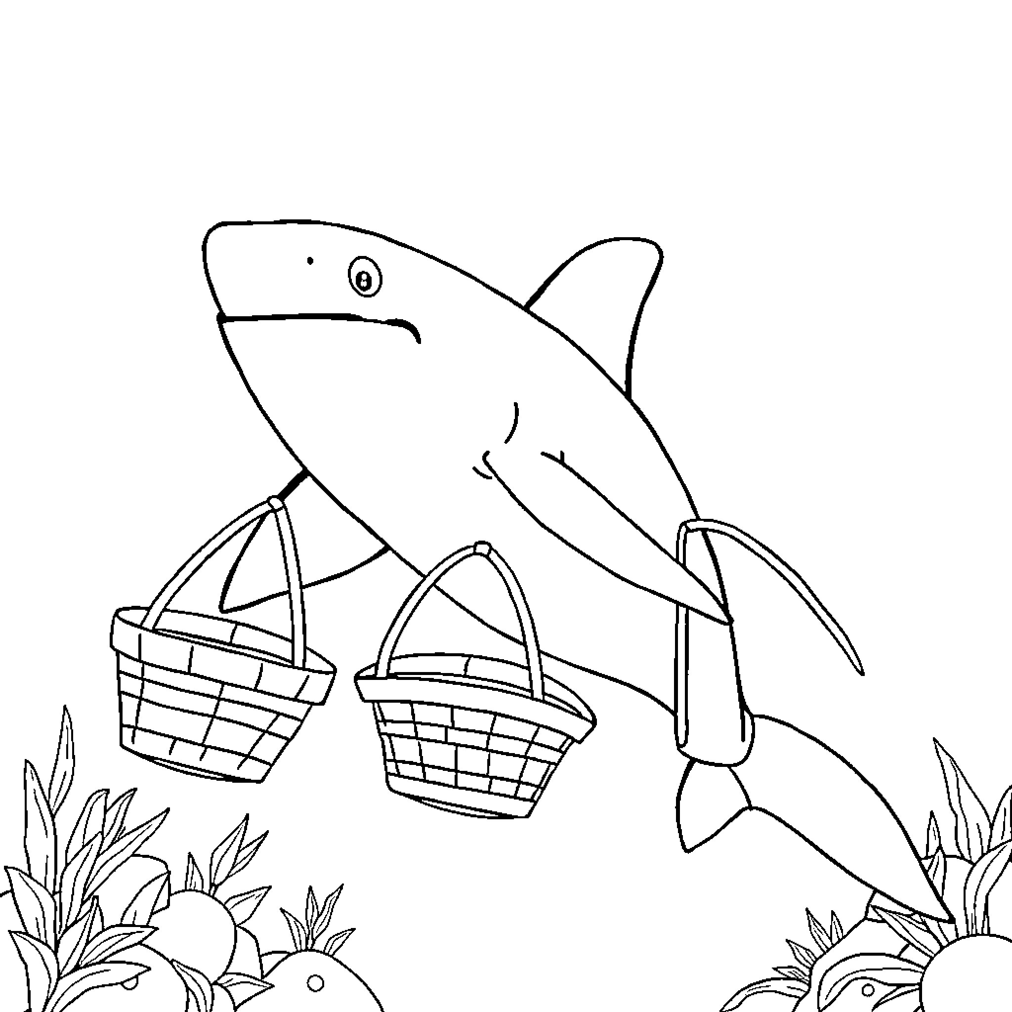 Shark carrying baskets in underwater scene Coloring Page (free black-and-white line drawing printable PDF for all, from beginners to advanced learners, including children, teens, adults, and seniors)