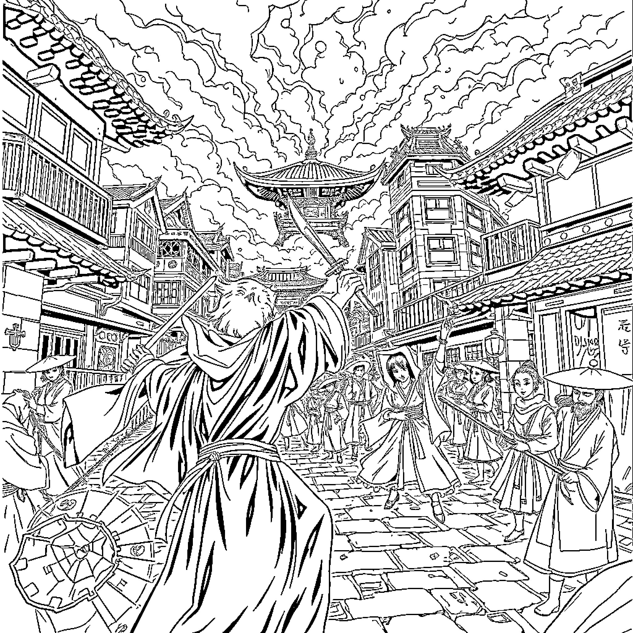 Jujutsu Kaisen: Mystic Figures in a Fantastical Realm Coloring Page (free black-and-white line drawing printable PDF for all, from beginners to advanced learners, including children, teens, adults, and seniors)