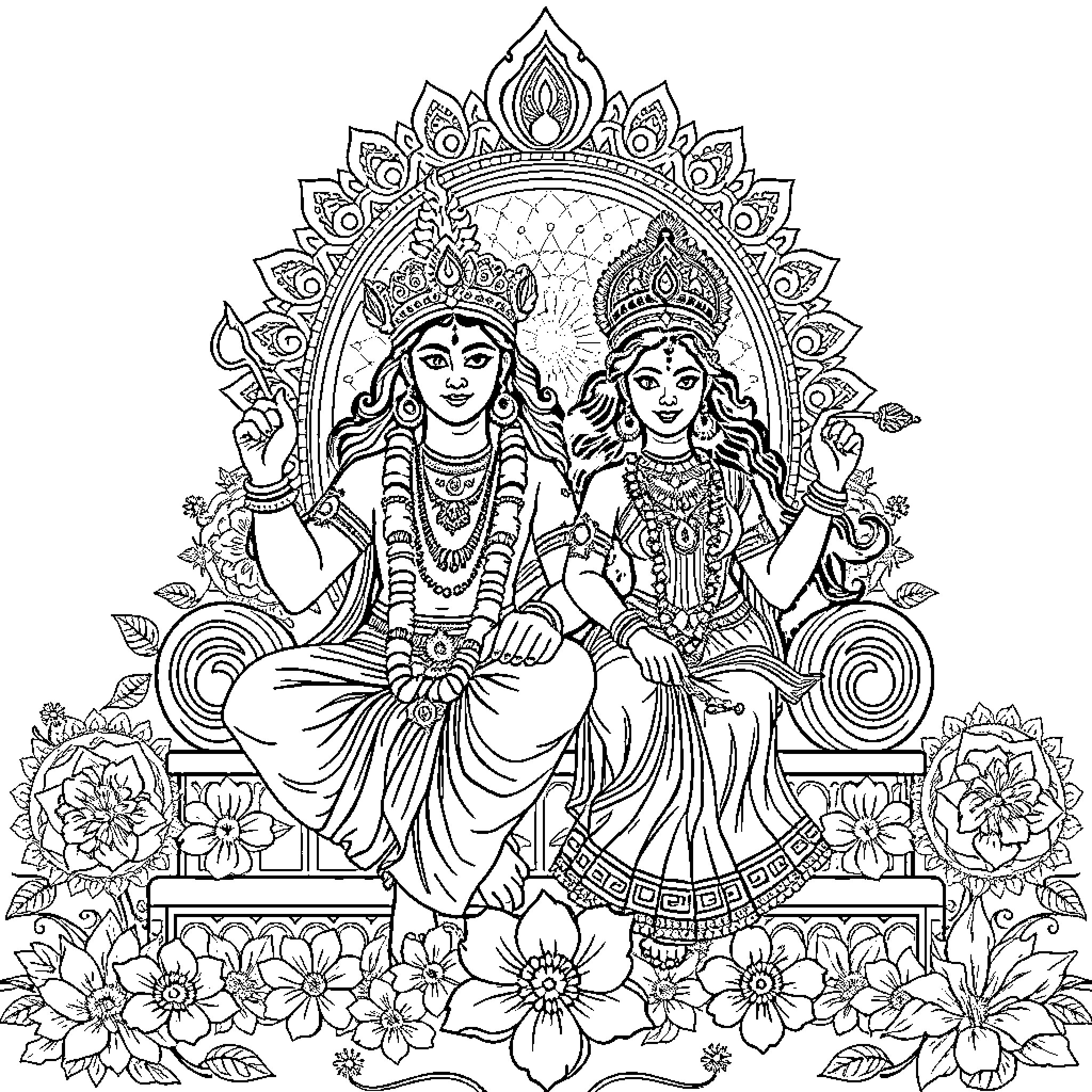 Deity Deities Seated on Ornate Throne Coloring Page (free black-and-white line drawing printable PDF for all, from beginners to advanced learners, including children, teens, adults, and seniors)