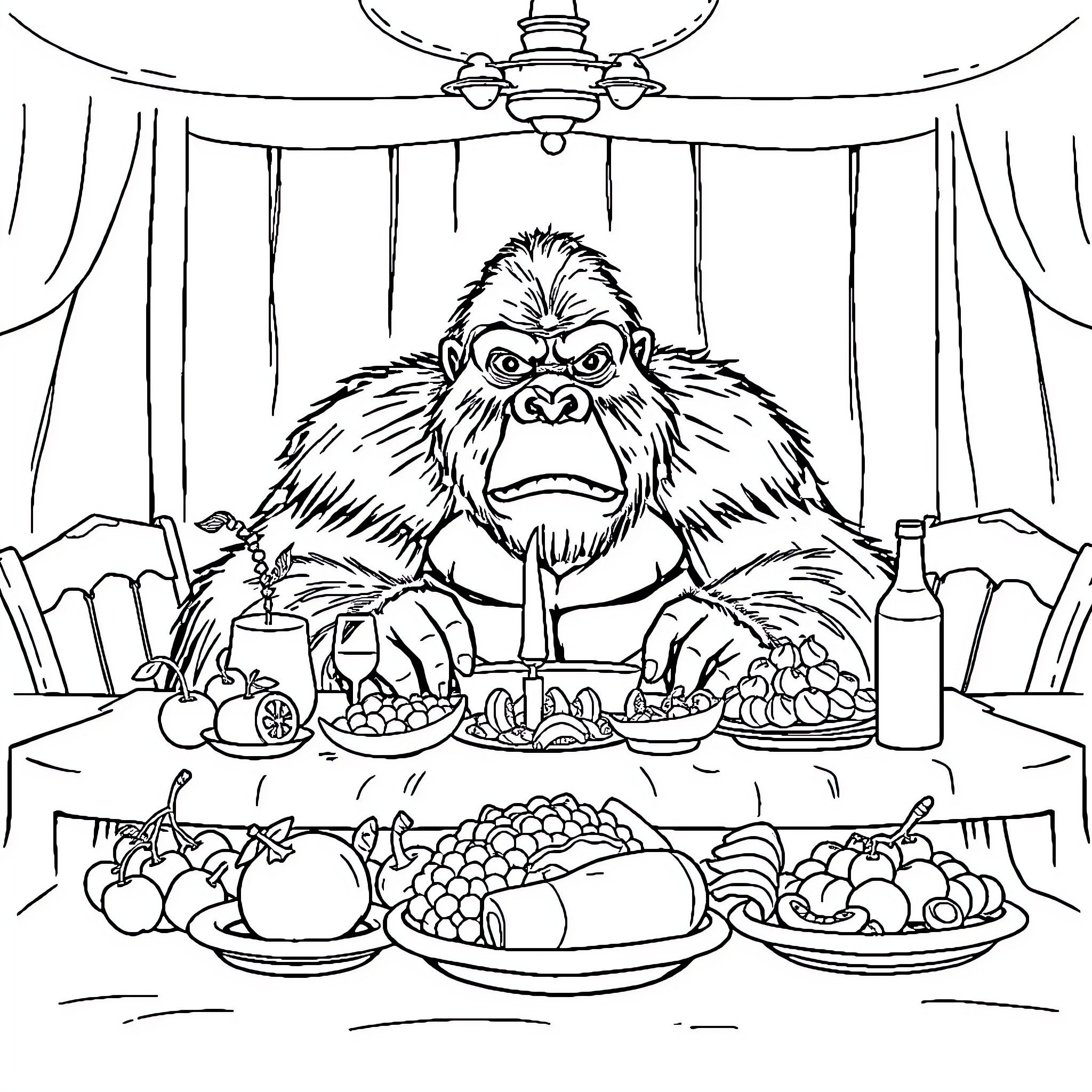 King Kong feasting at a lavish table Coloring Page (free black-and-white line drawing printable PDF for all, from beginners to advanced learners, including children, teens, adults, and seniors)